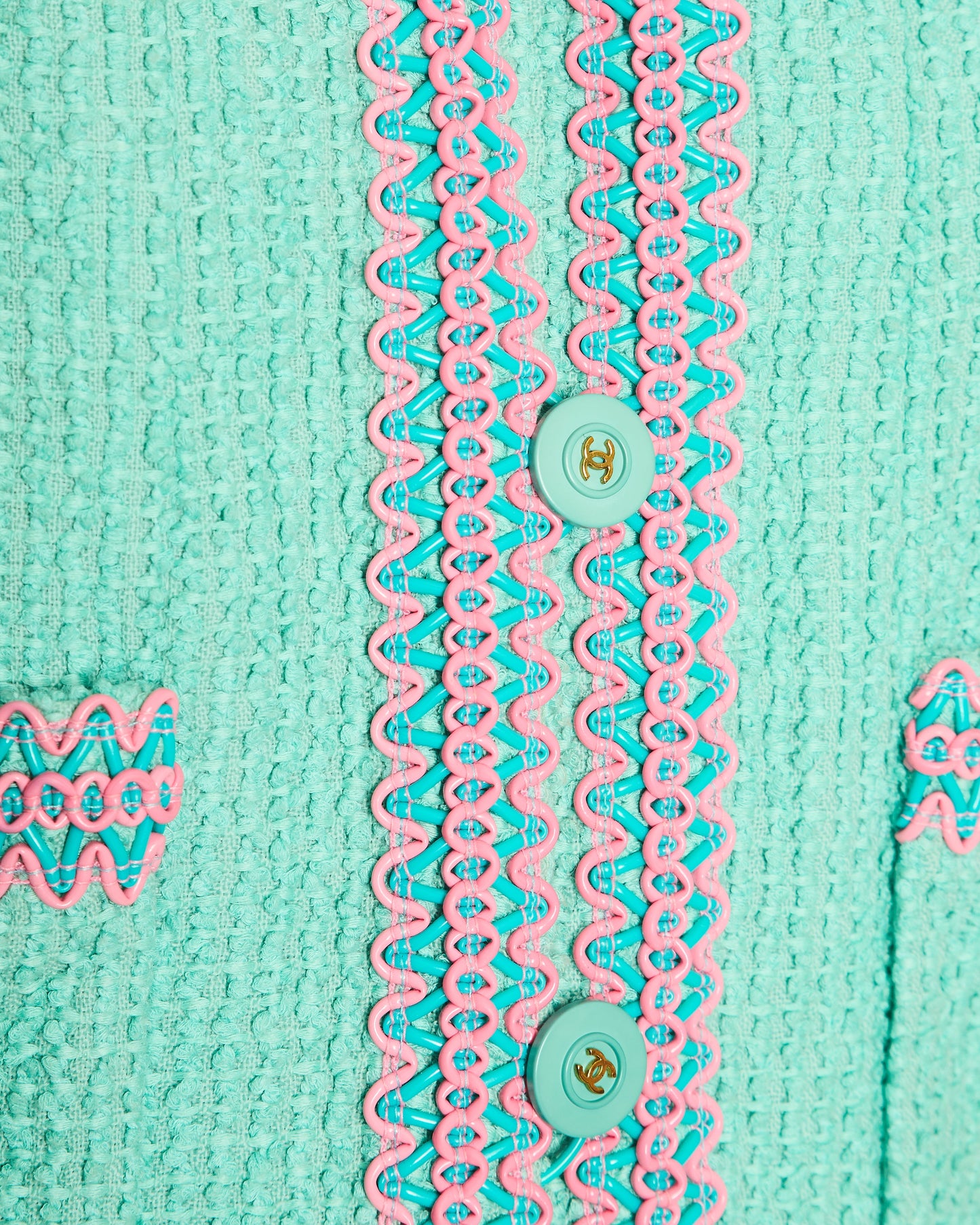 Chanel 1997   Mint Green & Pink Tweed Jacket and Skirt Set with Contrasting Stitching Details Size FR 38 (UK 10)