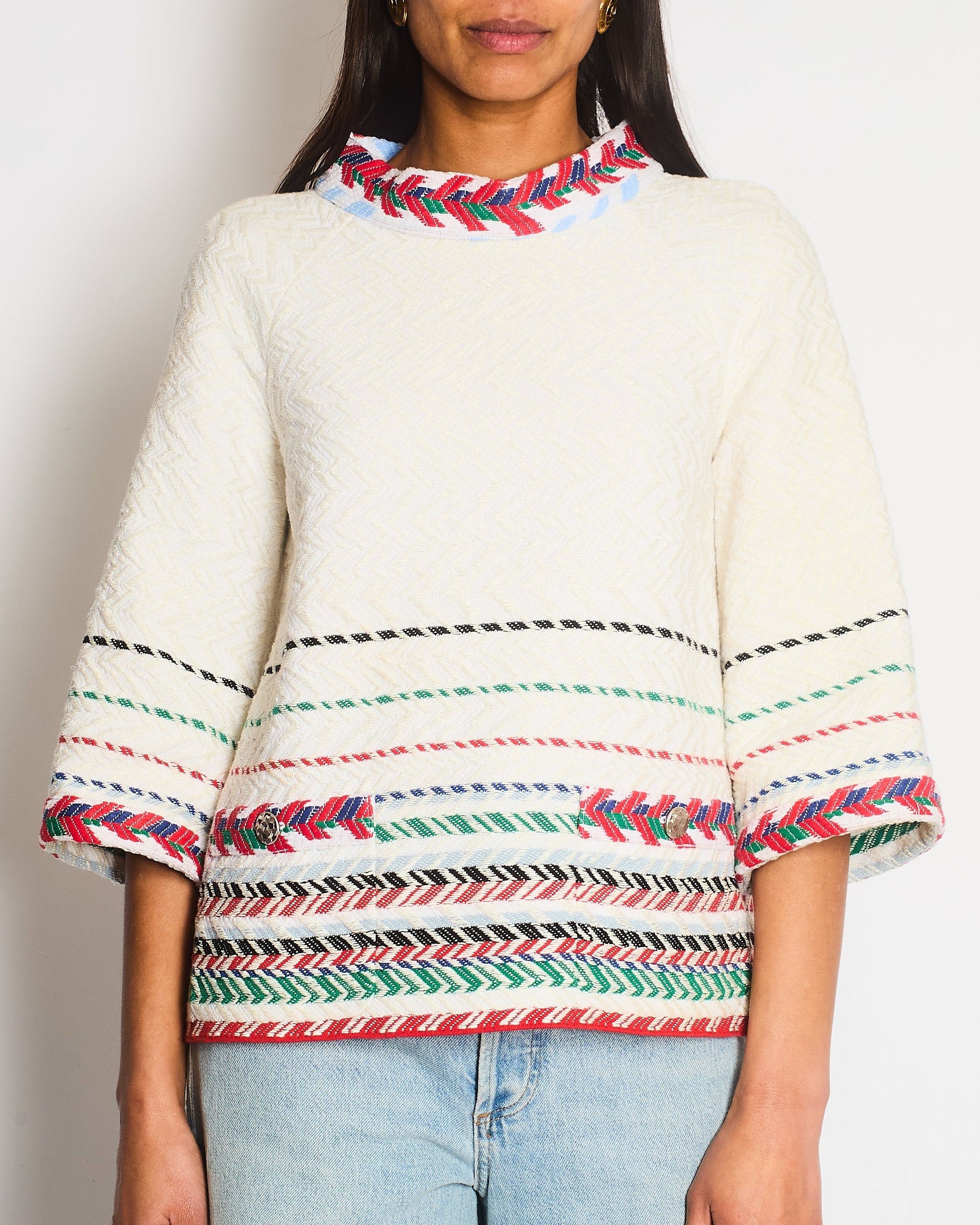 Chanel 16/S White Tweed Chevron Short Sleeve Top With Silver Botton Detail Fr 38 Size Uk 8 Bag