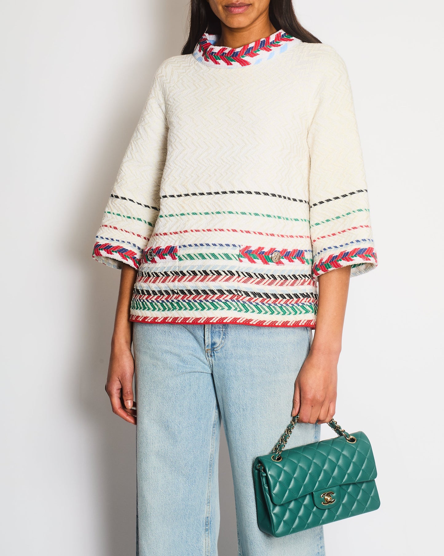 Chanel 16/S White Tweed Chevron Short Sleeve Top With Silver Botton Detail Fr 38 Size Uk 8 Bag