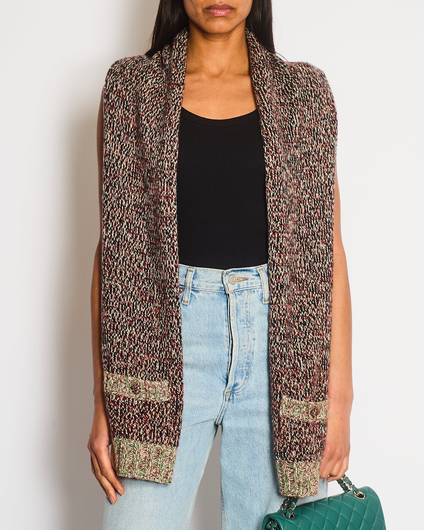 Chanel Green & Burgundy Knitted Gilet with CC Pocket Detail Size L (UK 12/14)