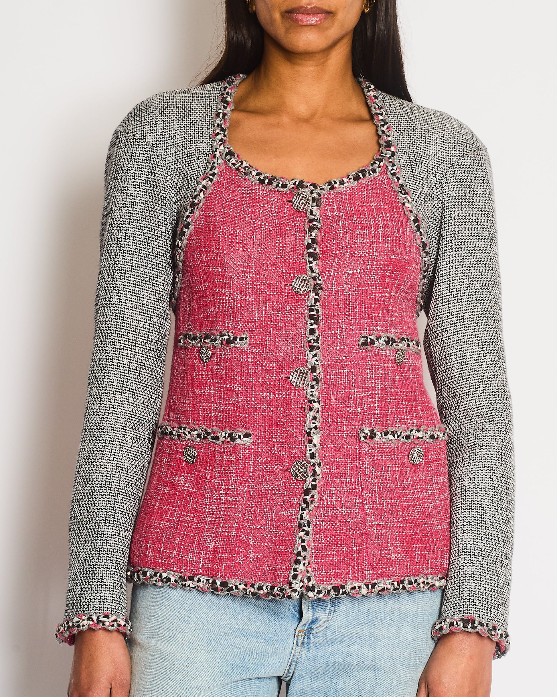 Chanel Pink and Grey Braided Trim Tweed Jacket with CC Logo Button Detailing Size FR 36 (UK 8)