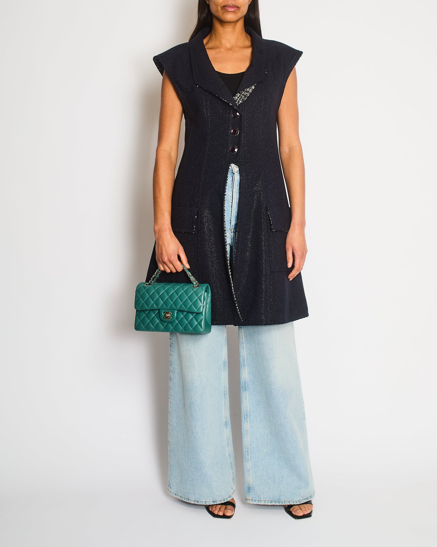Chanel Navy Sleeveless Gilet Dress with Pocket, Tweed and CC Hexagon Buttons Size FR 38 (UK 10)