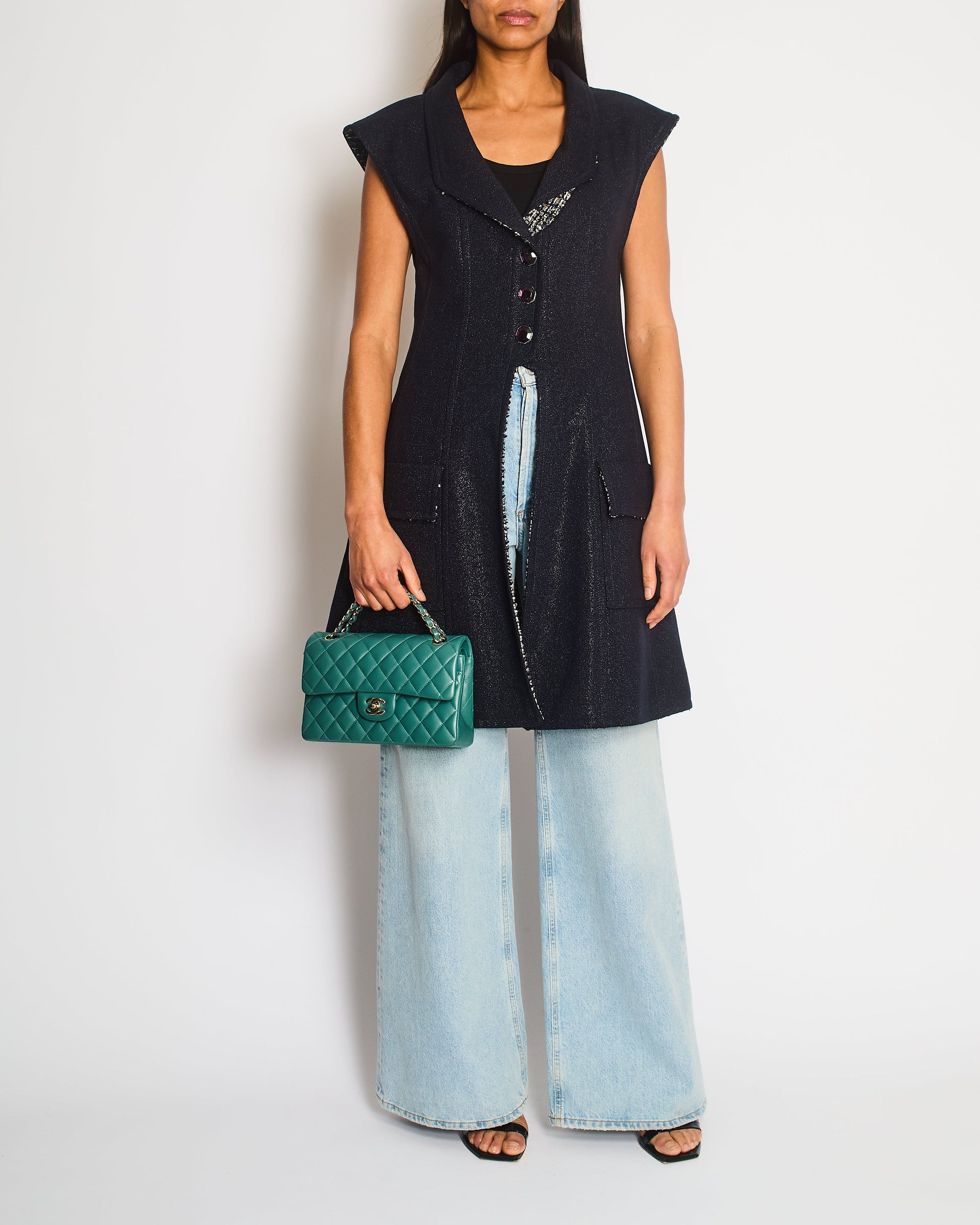 Chanel Navy Sleeveless Gilet Dress with Pocket, Tweed and CC Hexagon Buttons Size FR 38 (UK 10)