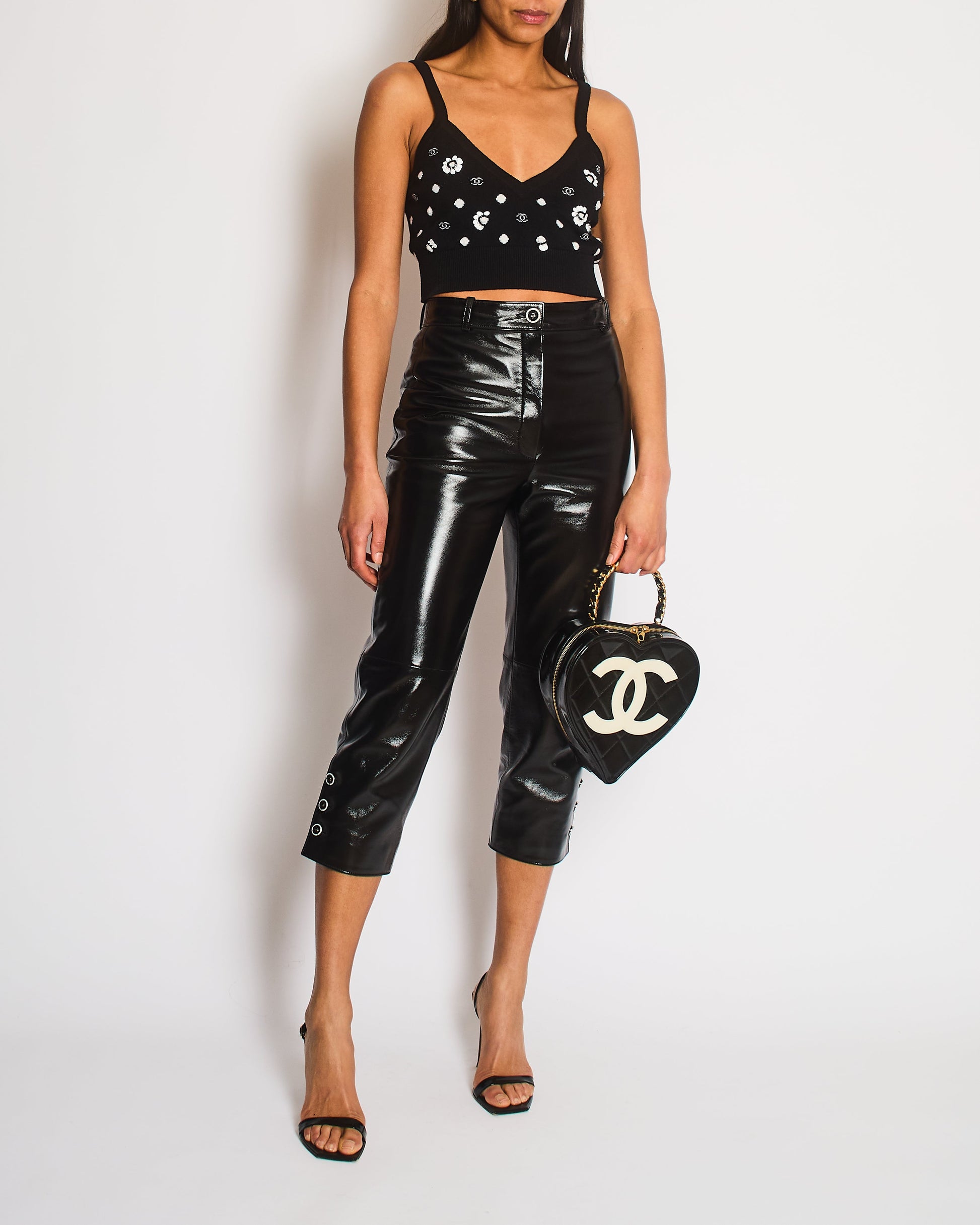 Chanel Black Shiny Leather Tro Rs With Sparkling Pearl Button Details Size Fr 34 (Uk 6) Bag
