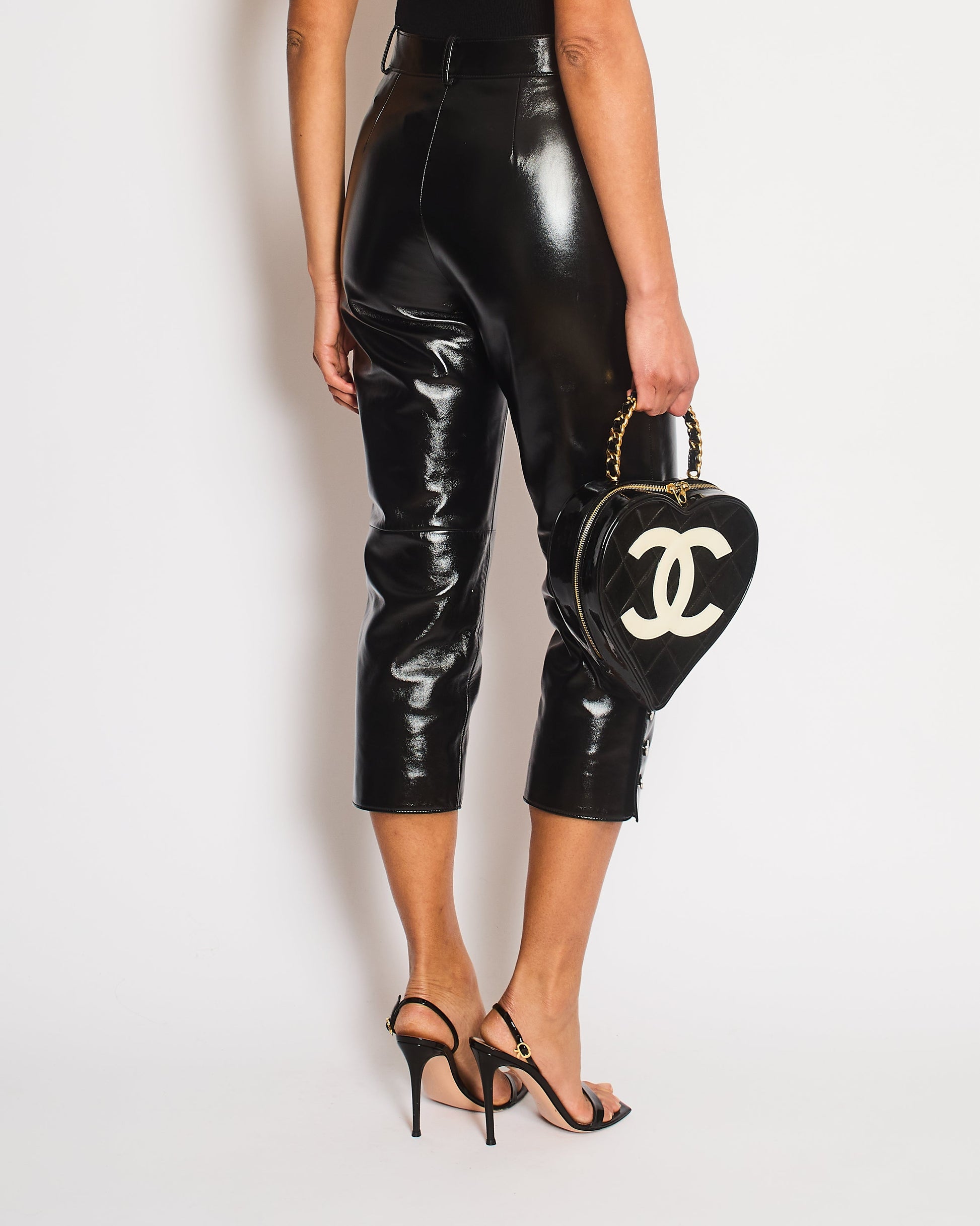 Chanel Black Shiny Leather Tro rs with Sparkling Pearl Button Details Size FR 34 (UK 6)