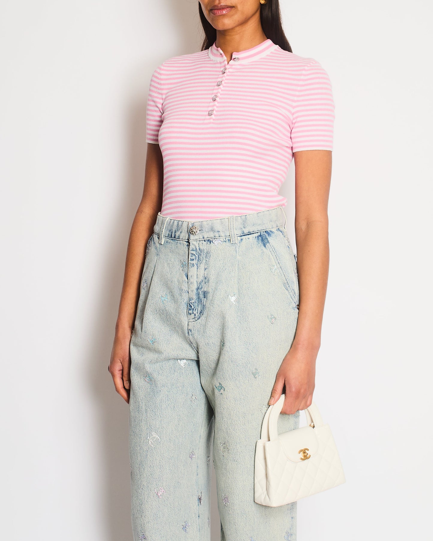 Chanel Pink And White Striped Cotton Knit Top Size Fr 36 (Uk 8) Bag