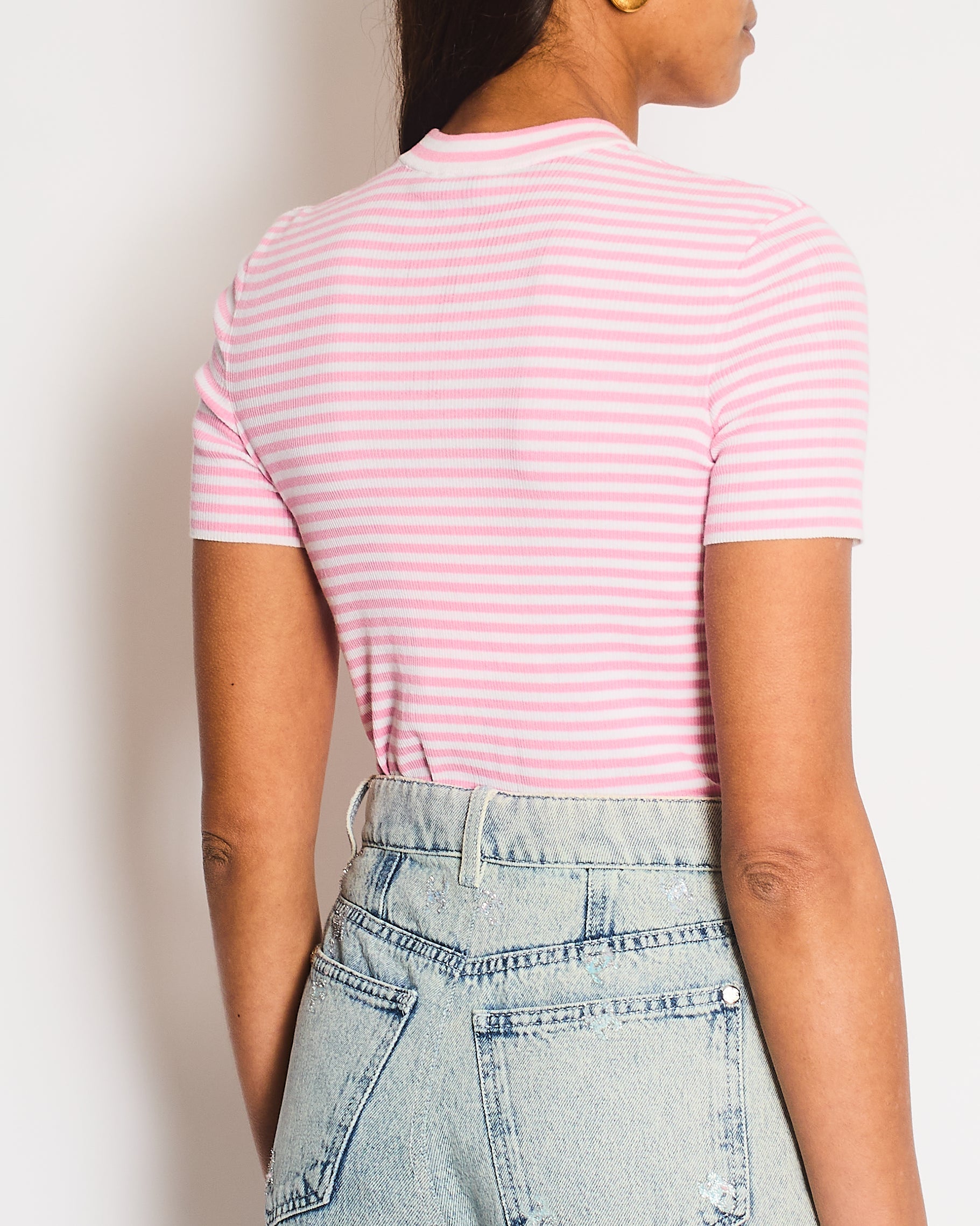Chanel Pink And White Striped Cotton Knit Top Size Fr 36 (Uk 8) Bag
