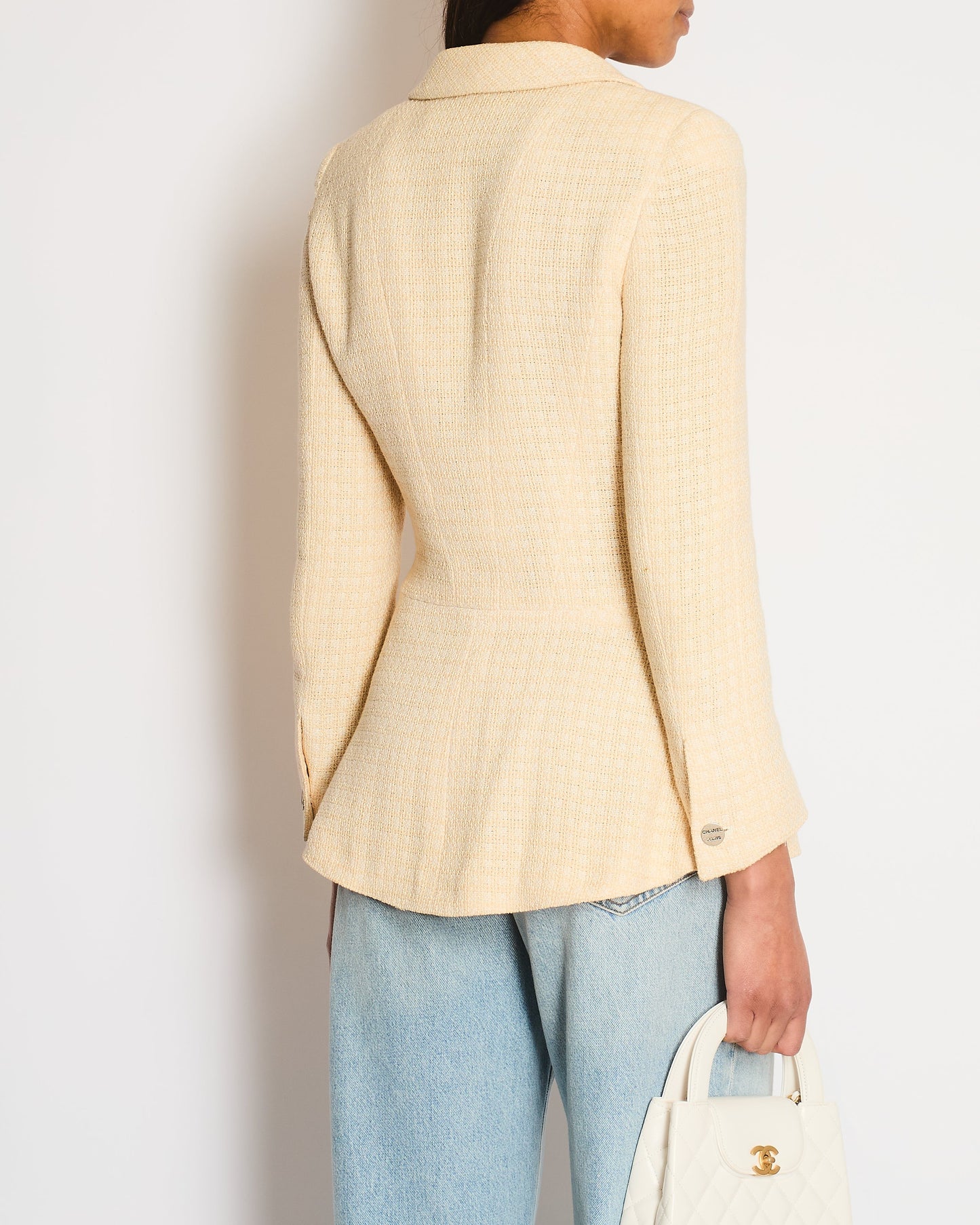 Chanel 00/C White and Peach Check Tweed Long Sleeve Jacket with Brushed Silver Logo Buttons Size FR 38 (UK 10)