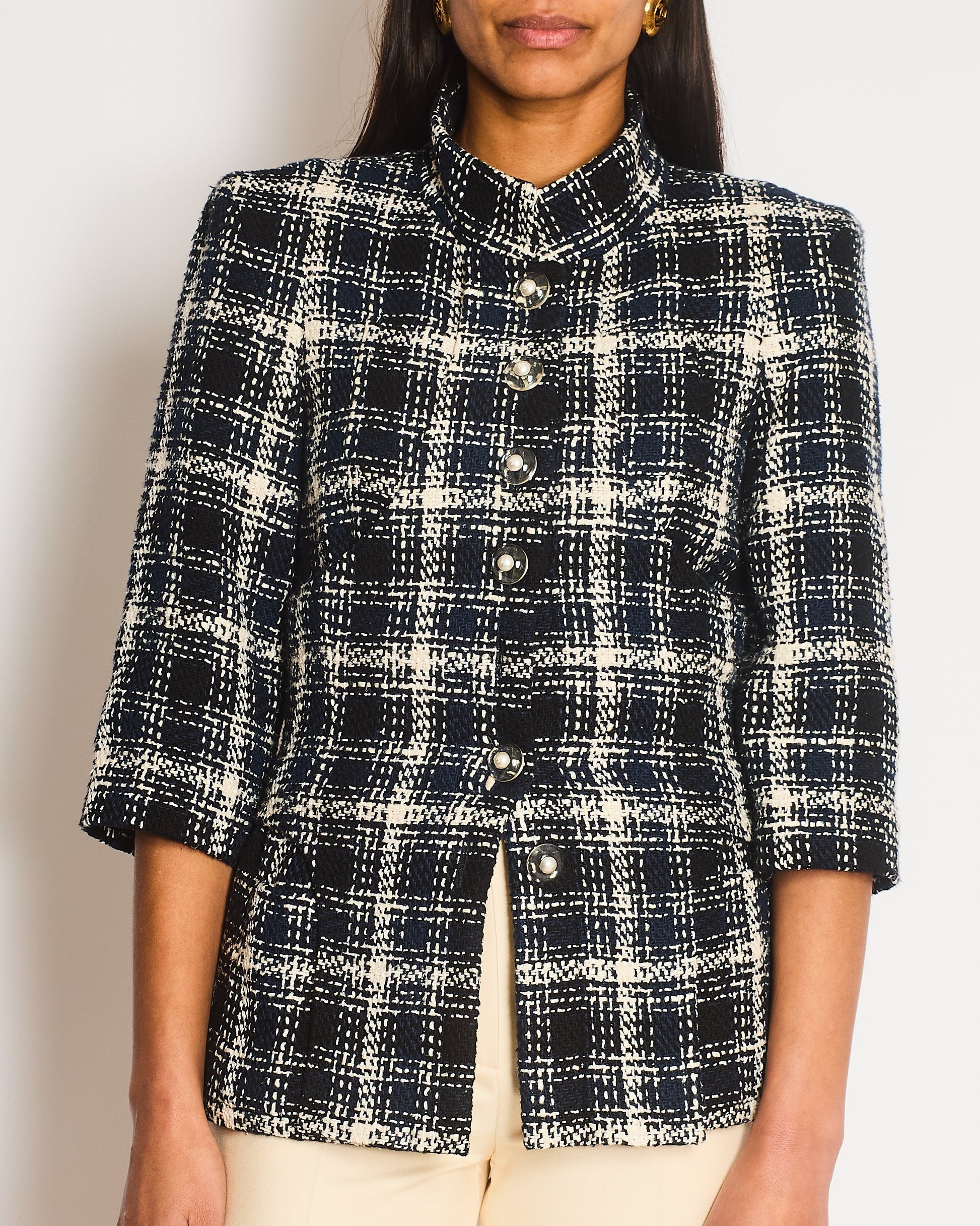 Chanel Navy, White and Black Check Tweed Cropped Jacket with Cropped Sleeves and Clear Pearl Logo Buttons Size FR 36 (UK 8)