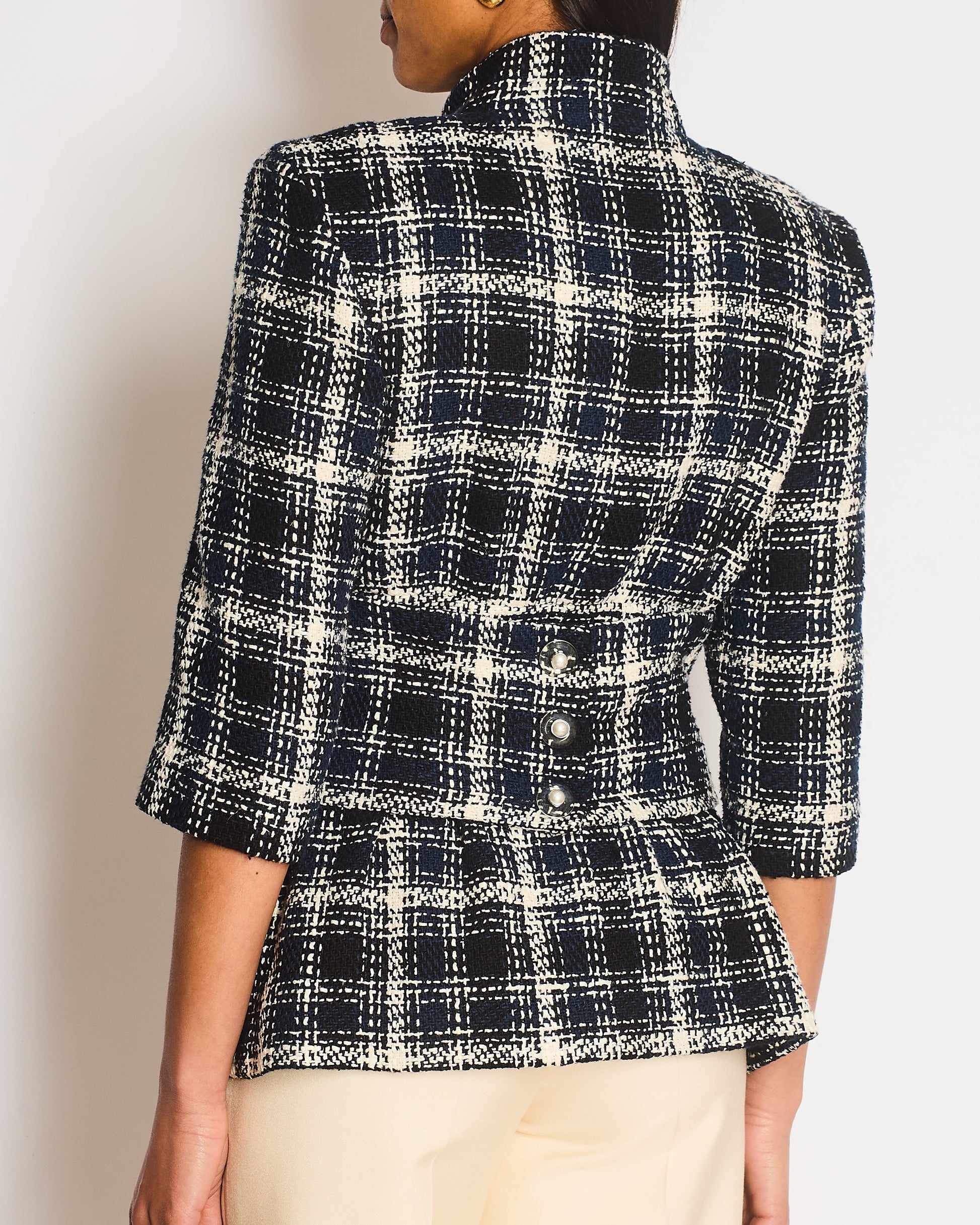 Chanel Navy, White and Black Check Tweed Cropped Jacket with Cropped Sleeves and Clear Pearl Logo Buttons Size FR 36 (UK 8)