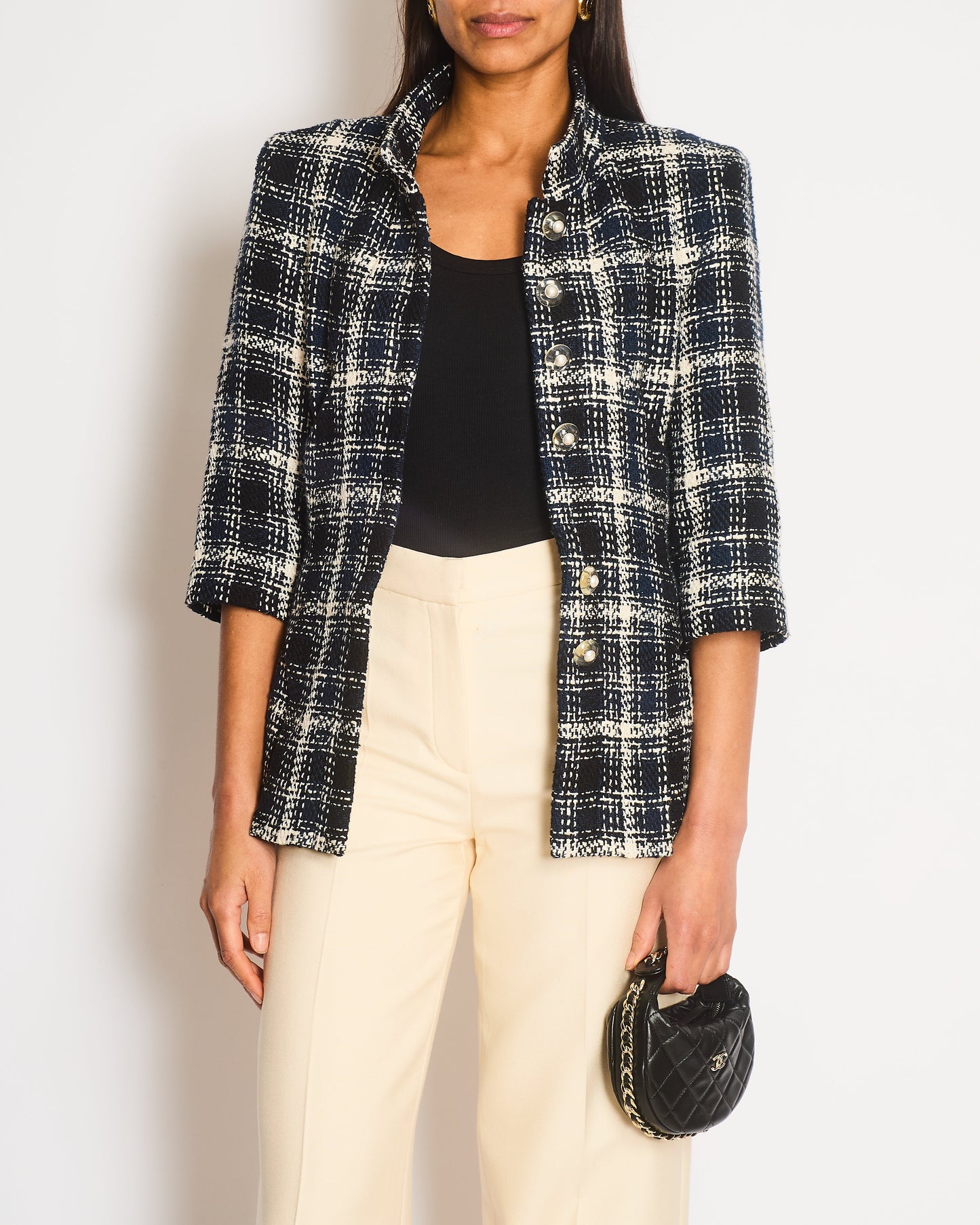 Chanel Navy, White and Black Check Tweed Cropped Jacket with Cropped Sleeves and Clear Pearl Logo Buttons Size FR 36 (UK 8)