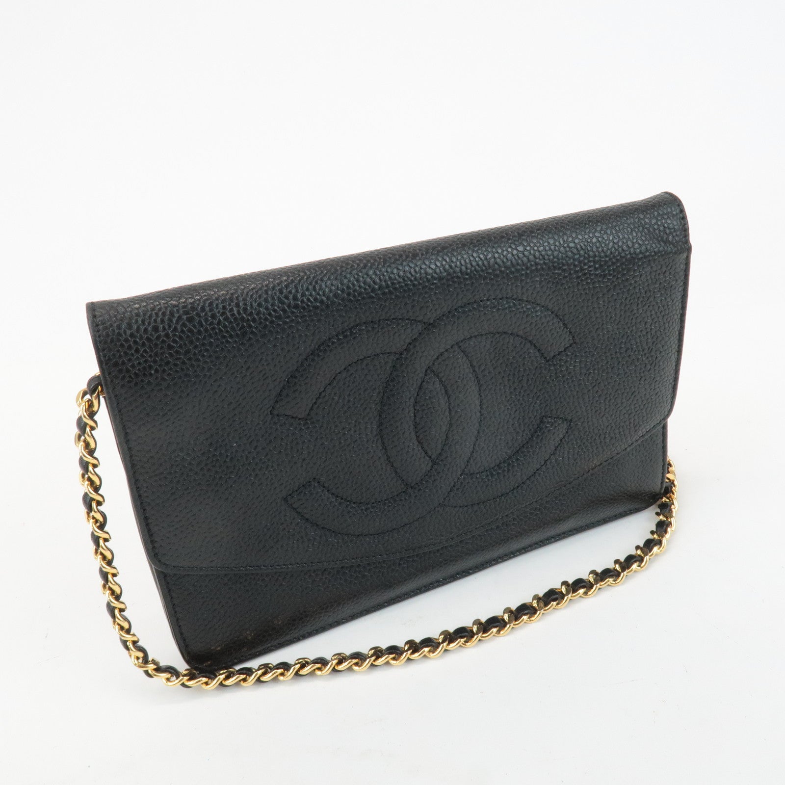CHANEL COCO Mark Caviar Skin Chain Wallet WOC Black A13509