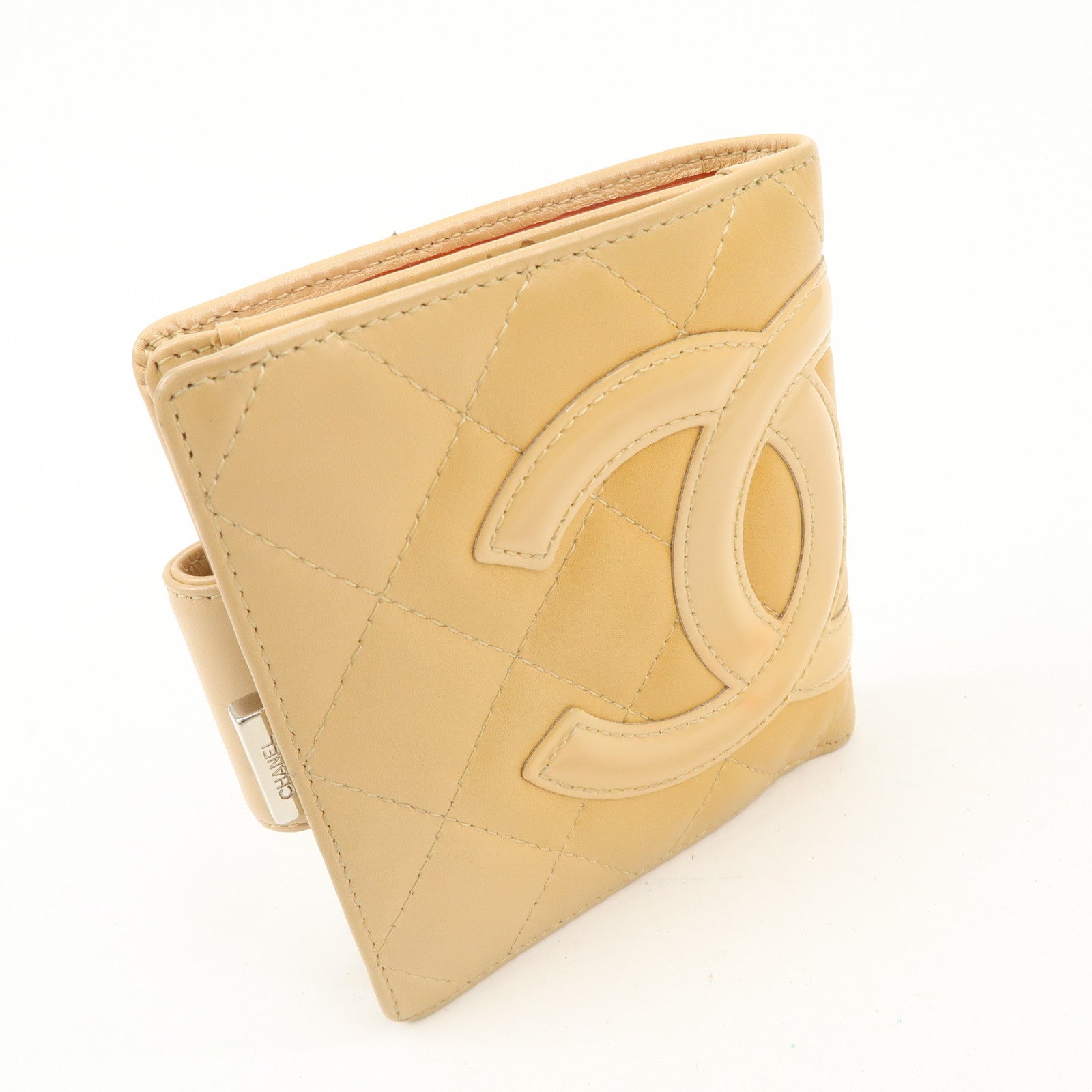 CHANEL Cambon Line Patent Leather Bi-fold Wallet Beige A26720
