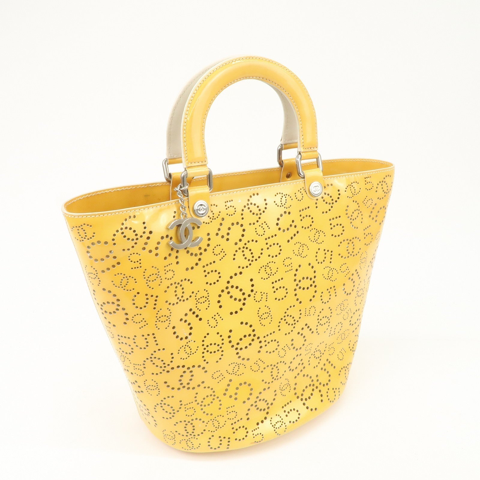 CHANEL COCO Mark No.5 Patent Leather Punching Hand Bag Yellow