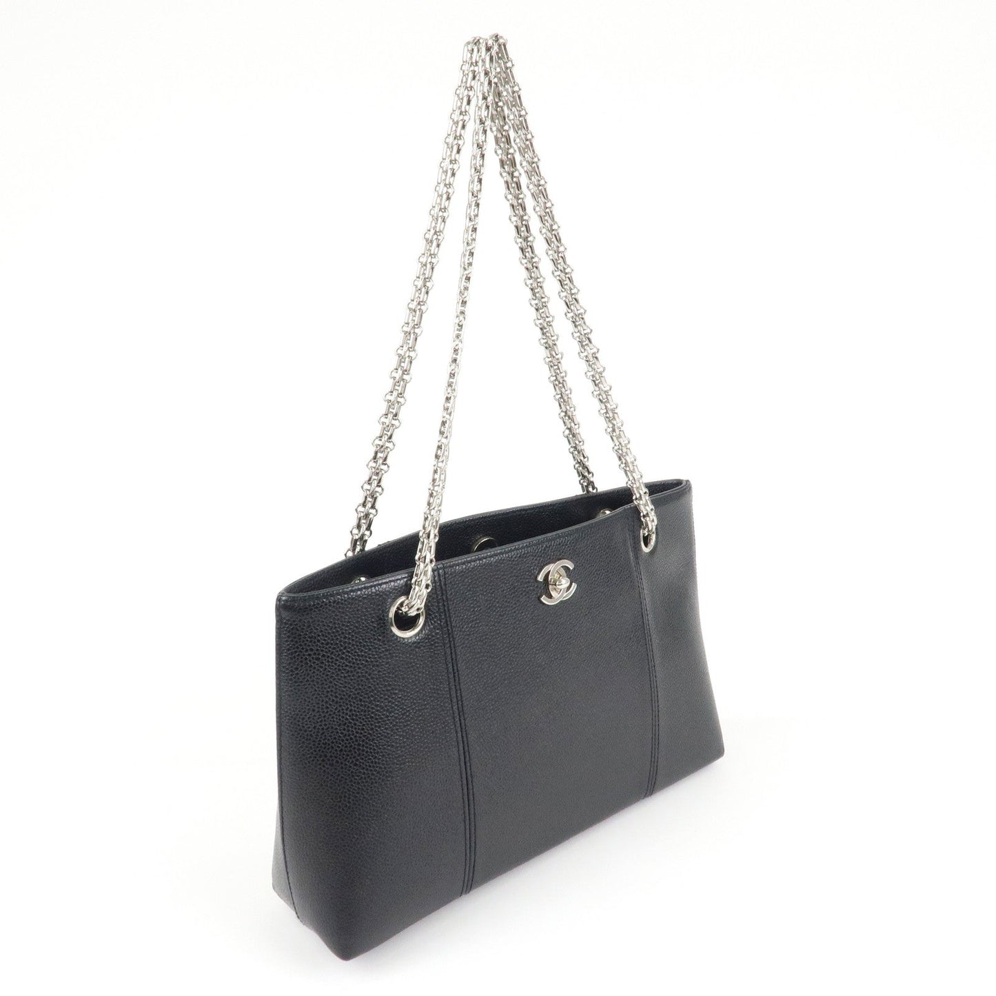 CHANEL Caviar Skin Chain Tote Bag Black Silver Hardware
