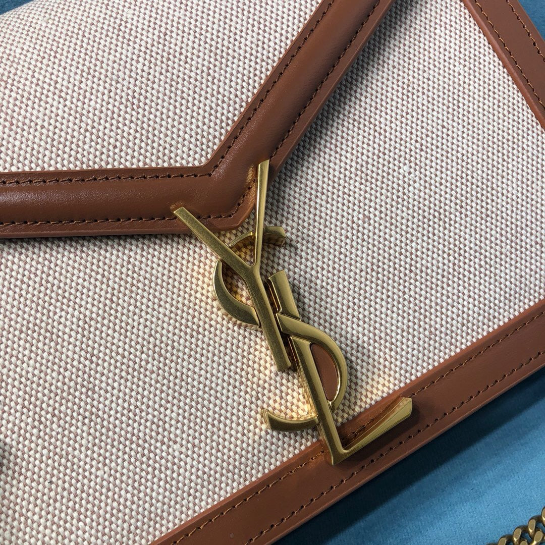 YSL Saint Laurent Le Cassandra BoxNatural 8in 22cm Canvas Beige Medium Chain Handbag