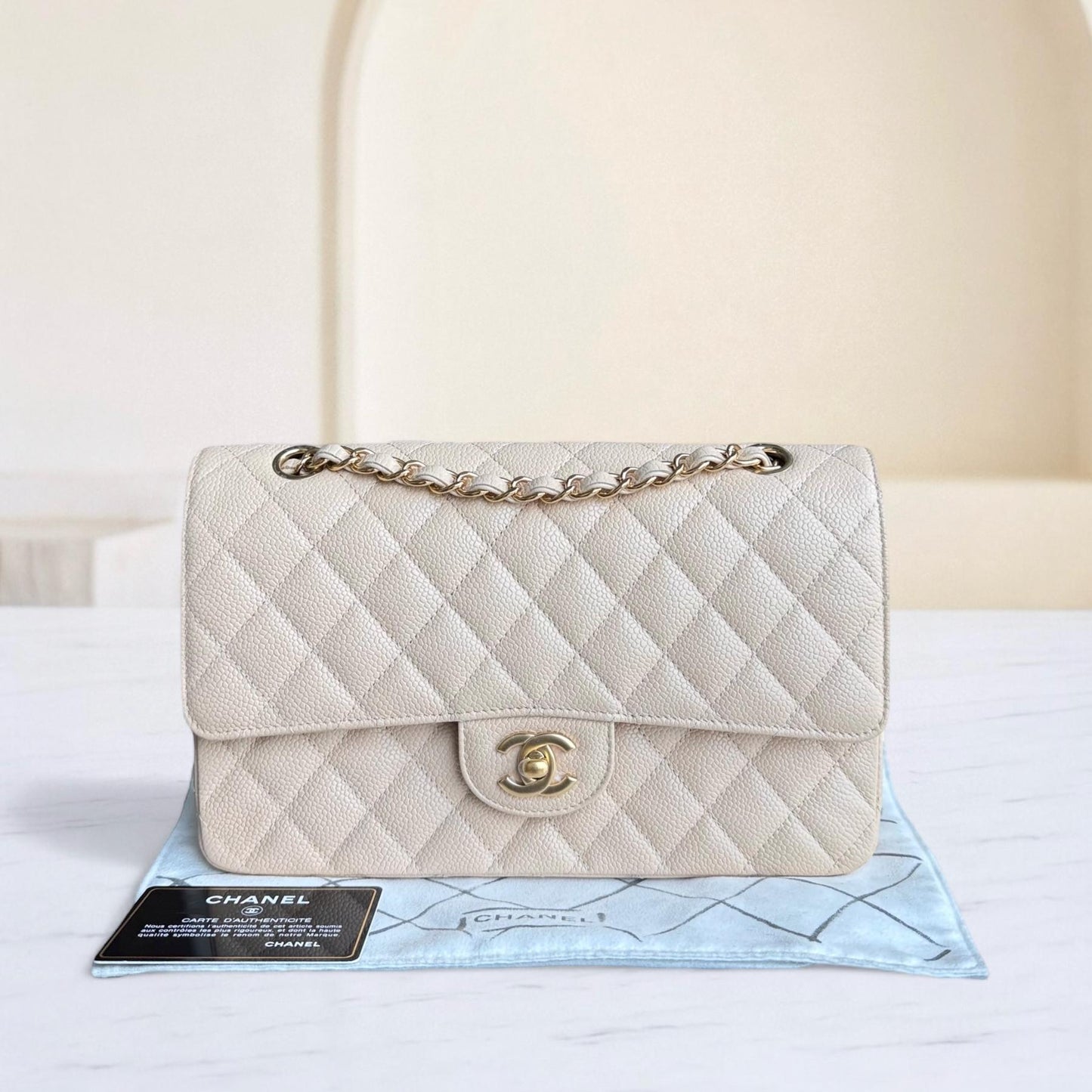 Chanel Classic Flap Medium - Caviar 25CM Quilted Grained Calfskin Beige Gold Hardware Series 16