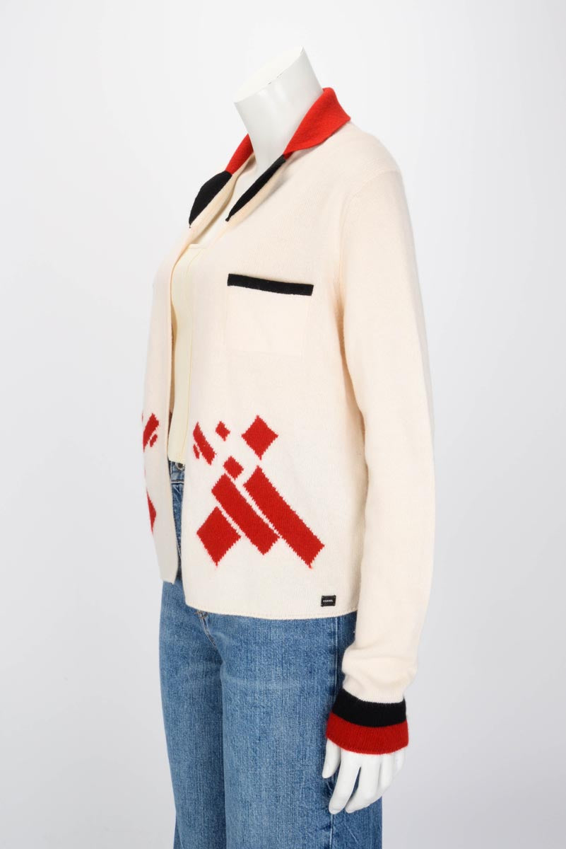 Chanel Ecru & Red Cashmere Open Cardigan Fr 46 Bag