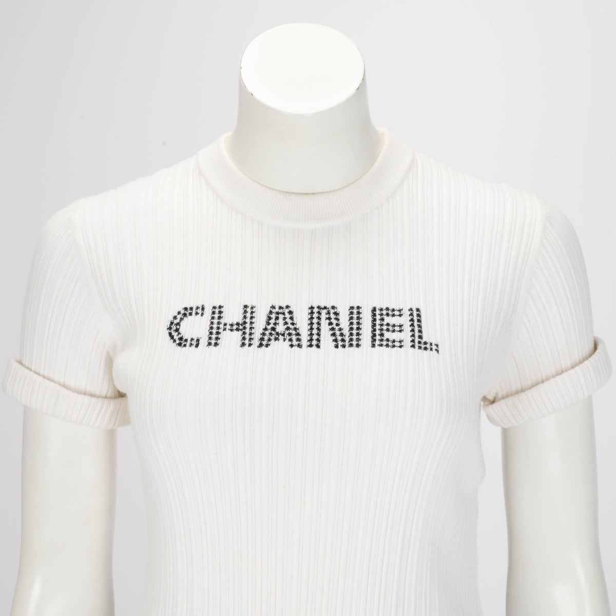 Chanel White Ribbed Cotton Logo Knit Top Bag