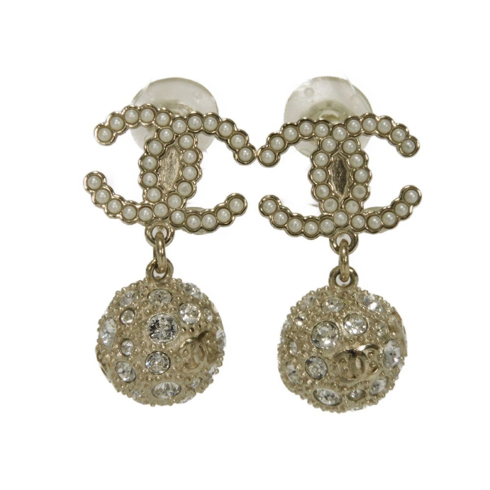 Chanel Coco Mark Pearl Crystal Swing Ball Earrings