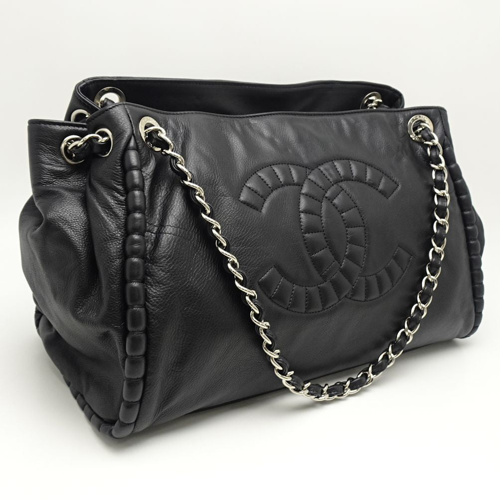 Chanel Tote Bag Lambskin x Metal Black Silver