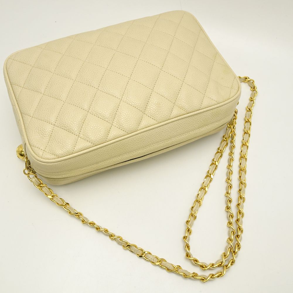 Chanel Shoulder Bag Diagonal Caviar Skin Ivory Matelasse Chain