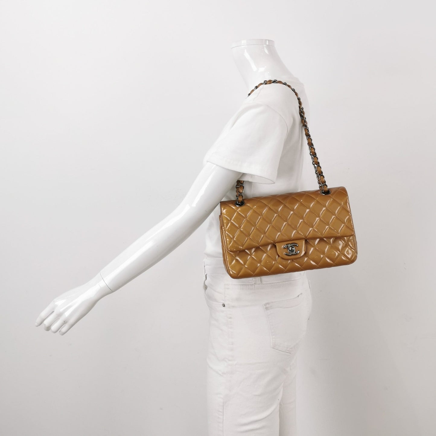 Chanel Timeless Classic Flap Patent Hardware Gold Silver Beige Leather Handbag