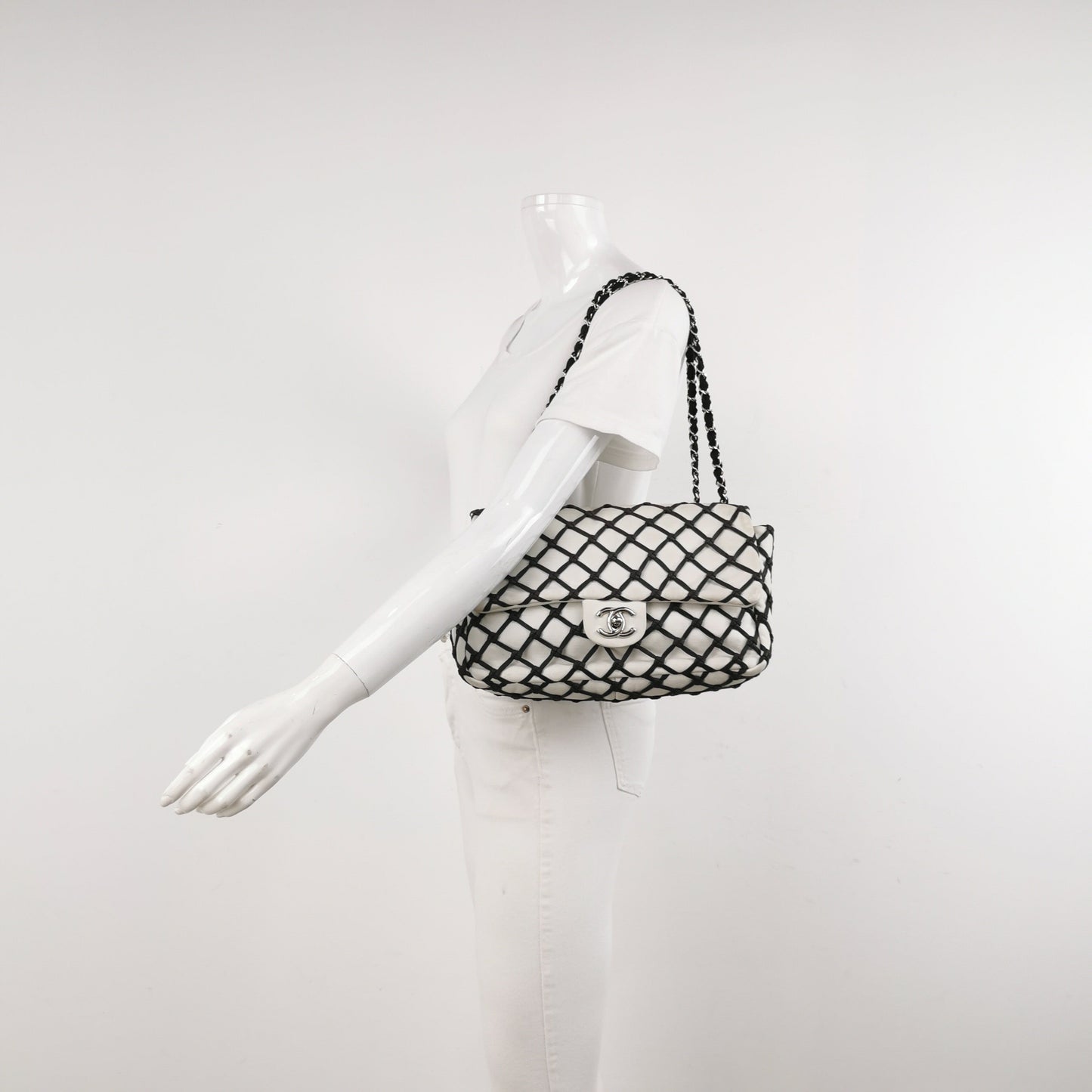 Chanel Lambskin Jumbo Canebiers Net Knots Flap White Handbag Flap White