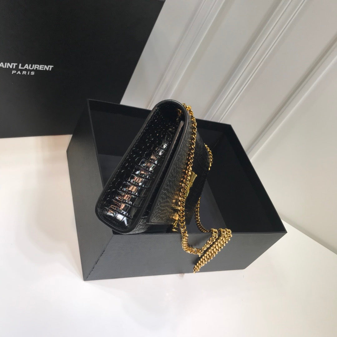 YSL Saint Laurent Kate Tassel Embossed Crocodile 9in Black Medium Chain Handbag