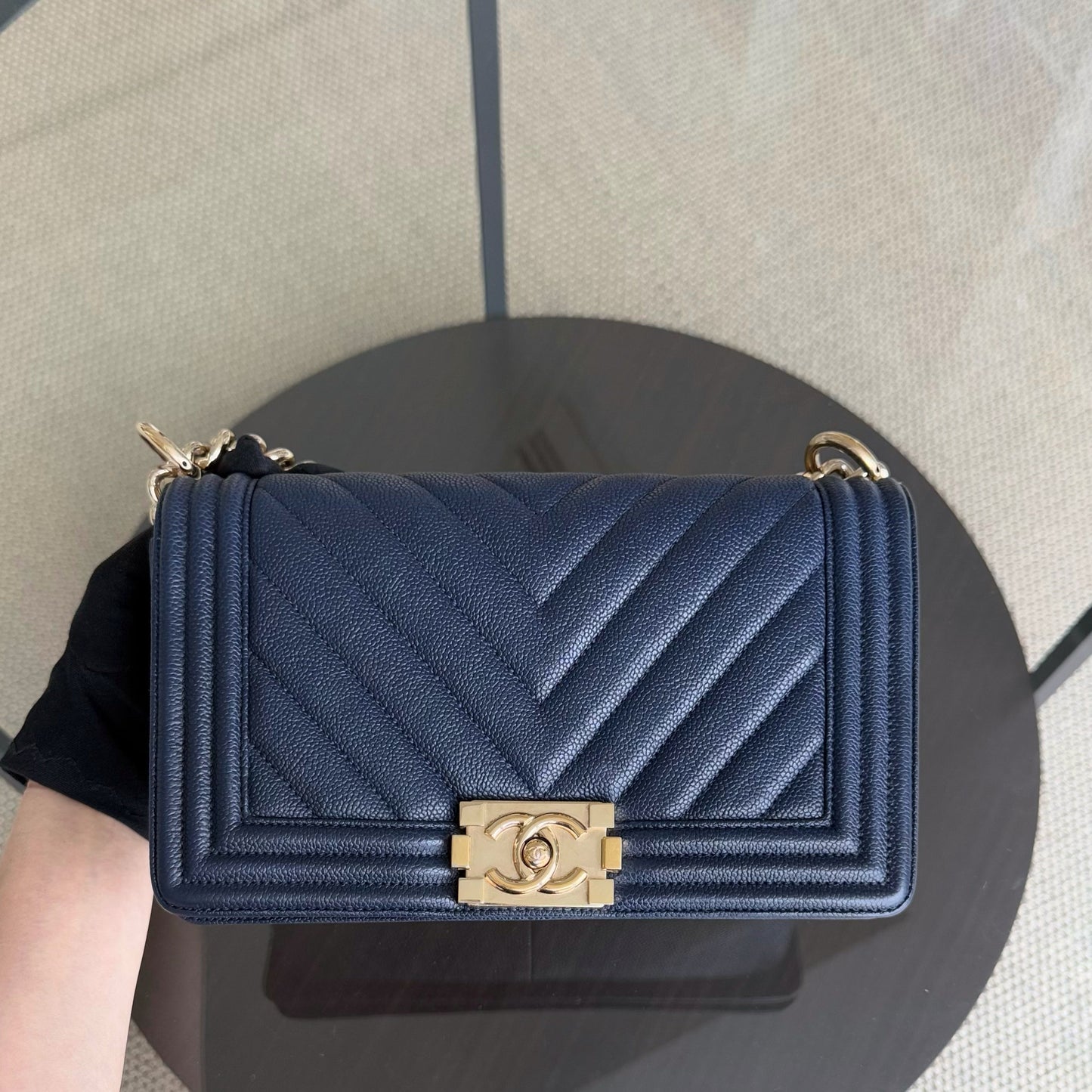 Chanel Boy Medium - Caviar 25CM Chevron Dark Navy Blue Gold Hardware Series 24