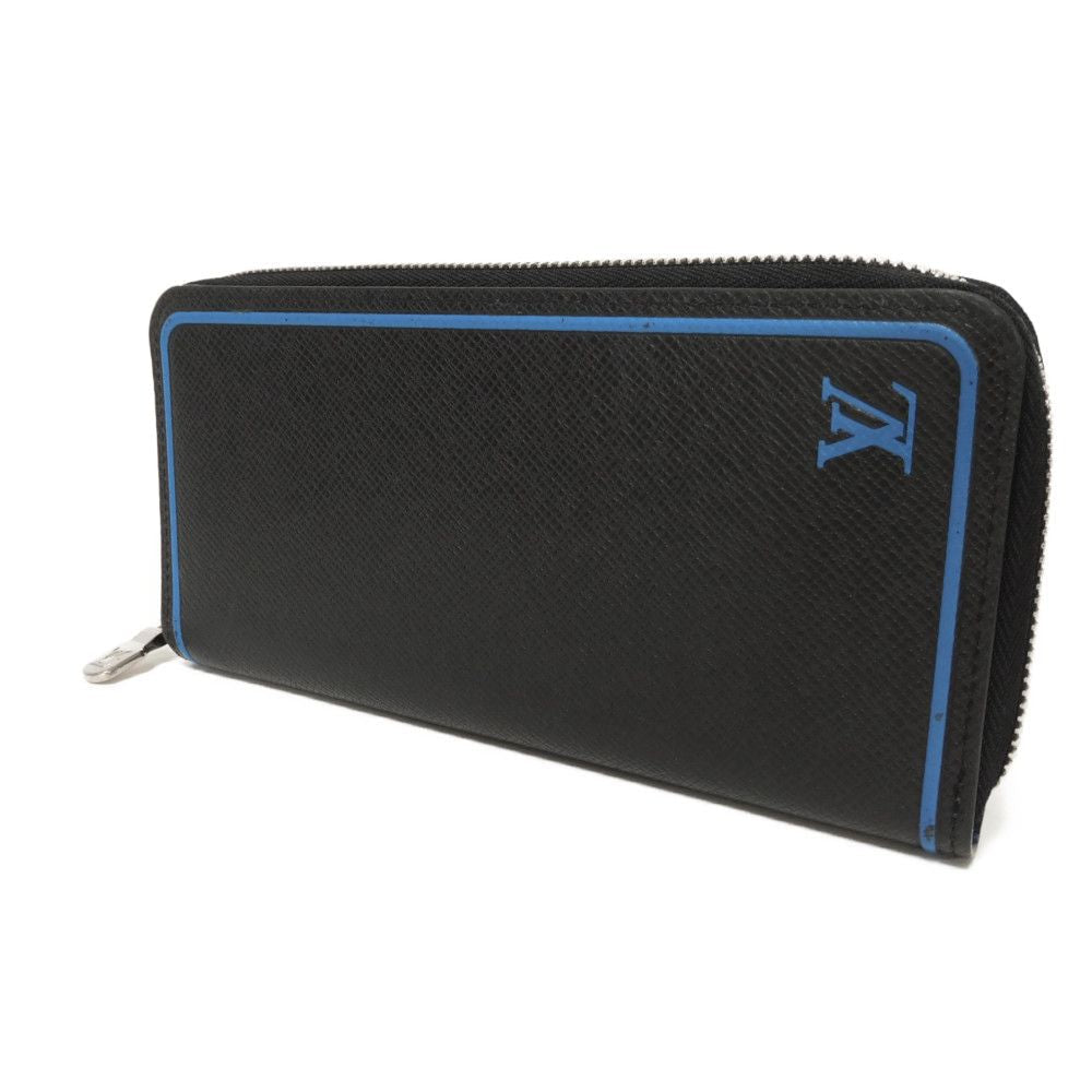 Louis Vuitton Long Purse M30070 Taiga stamped Leather Black Blue Wallet Case