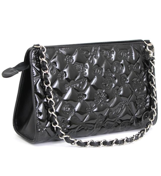 Chanel Icon Handbag Pouch Patent Matelasse Black