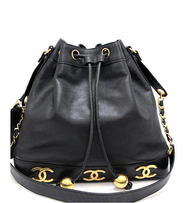 Chanel Triple CocoMark Drawstring Shoulder Bag Black Jewelry