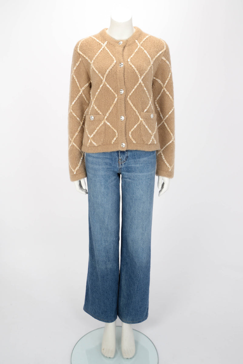 Chanel Beige Cashmere Diamond Quilted Cardigan Fr 40 Bag