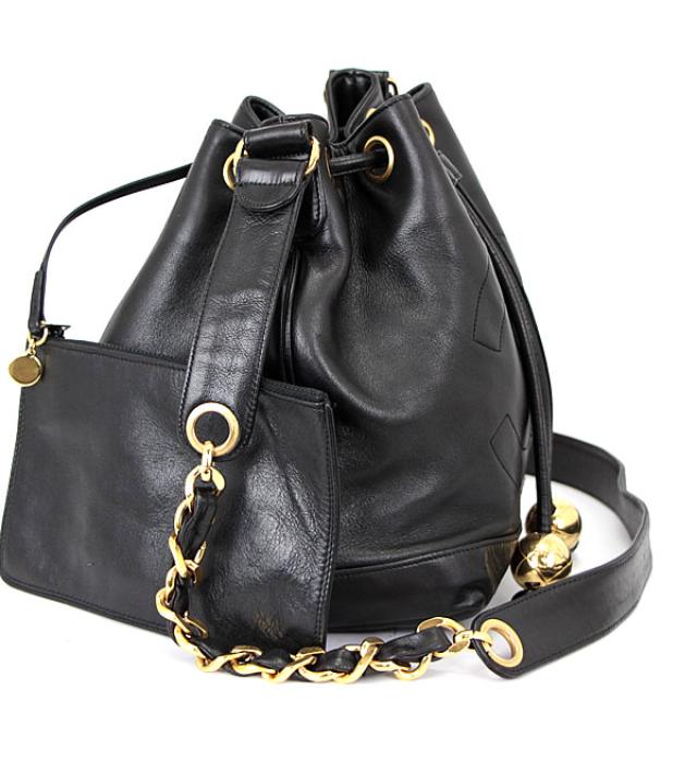 Chanel Drawstring Purse Shoulder Lamb Black Chain Jewelry