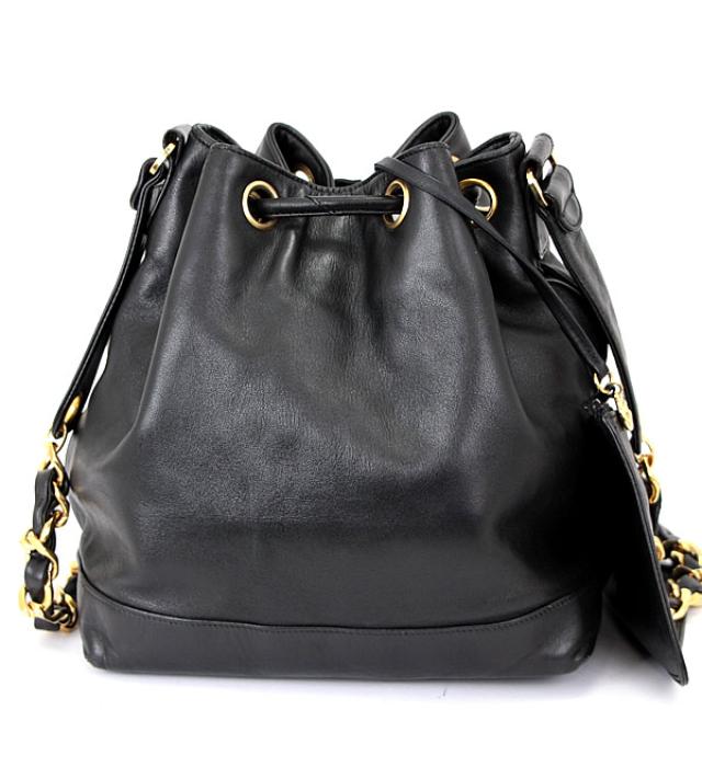 Chanel Drawstring Purse Shoulder Lamb Black Chain Jewelry