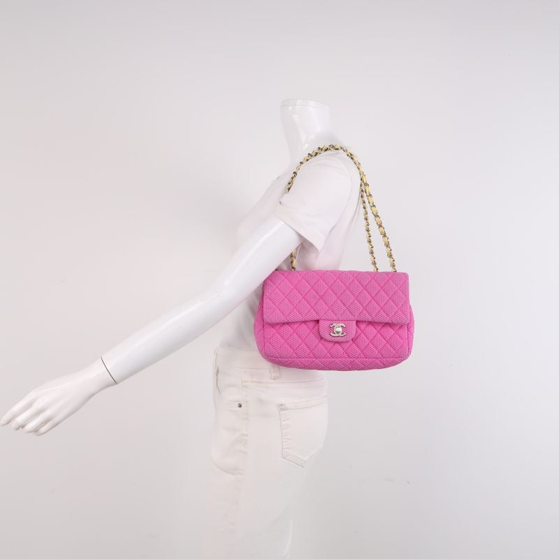 Chanel Flap Perforated Fabric Yellow Patent Stap Pink Leather Shoulder Bag
