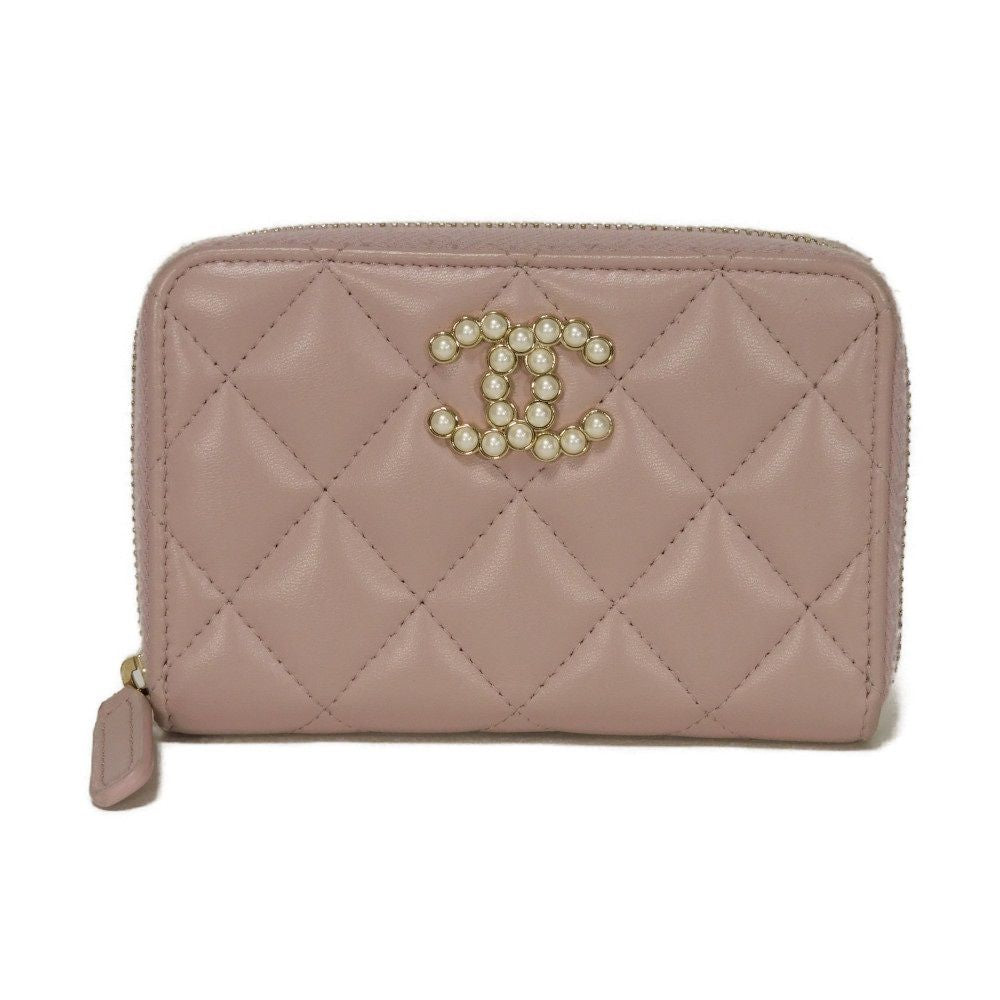 Chanel Coin lambskin Matrasse Coco Pearl Zip Pink Beige Wallet Case