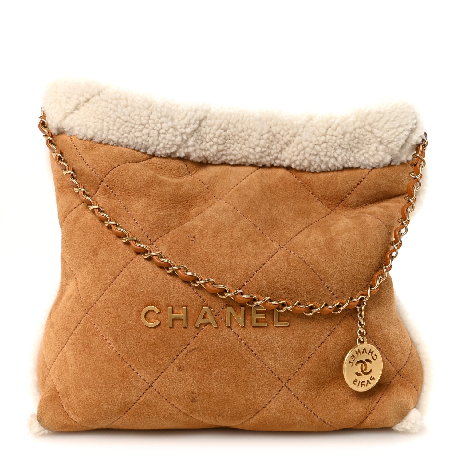 Chanel Suede Shearling Quilted Small 22 Brown White Bag