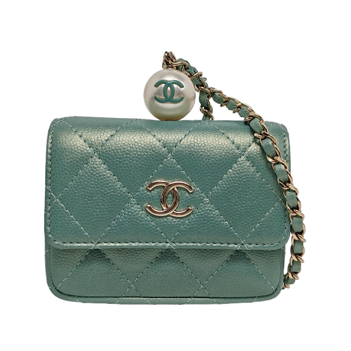 Chanel CC Pearl Coin Card Holder Quilted Green Gold Leather Wallet Case
