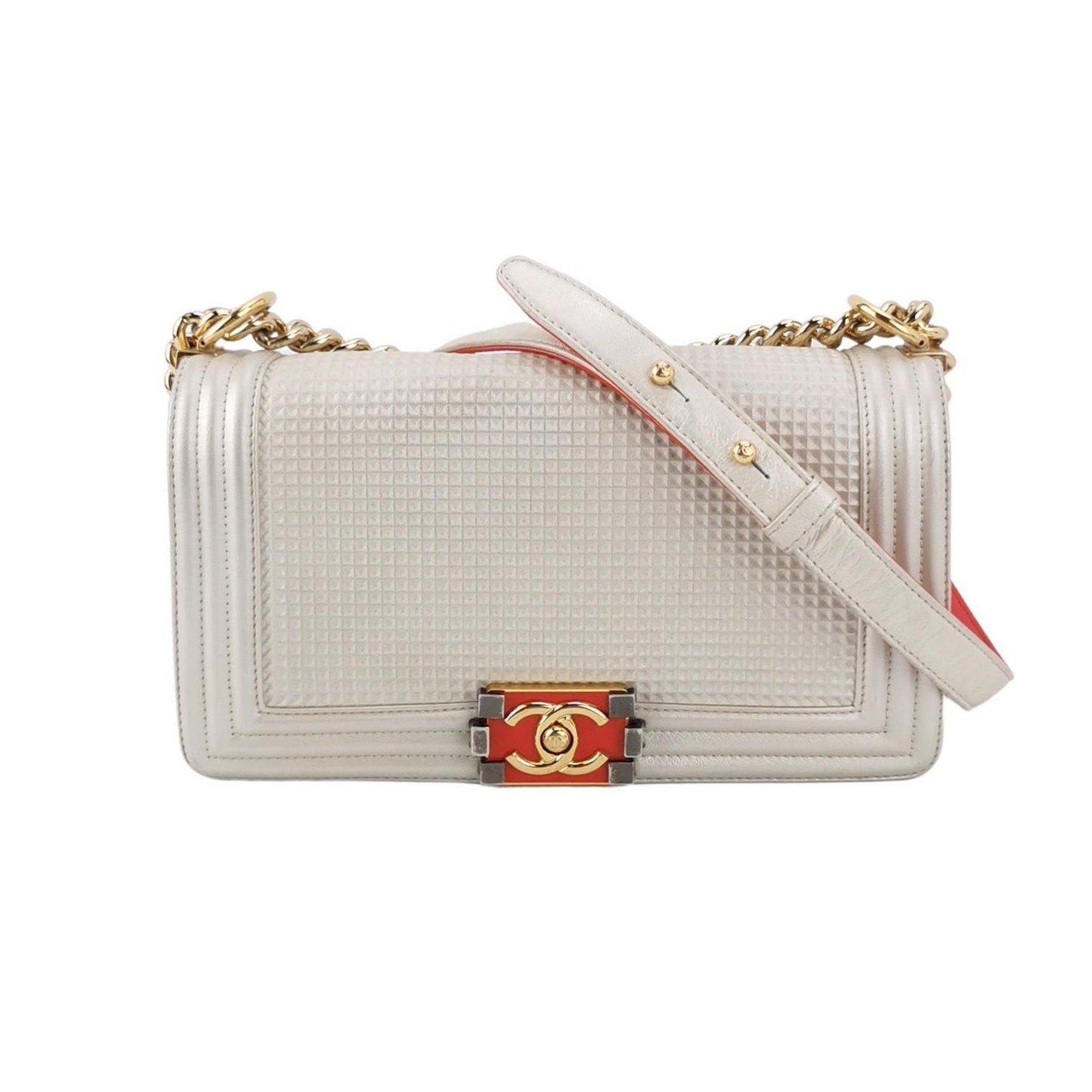Chanel Le Boy Pearlescent Waffle Lambskin White Red Lock Leather Handbag