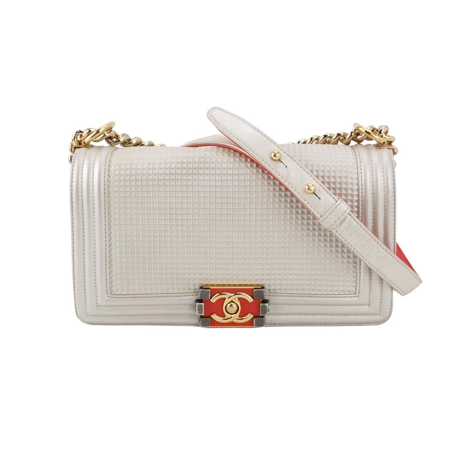Chanel Le Boy Pearlescent Waffle Lambskin White Red Lock Leather Handbag
