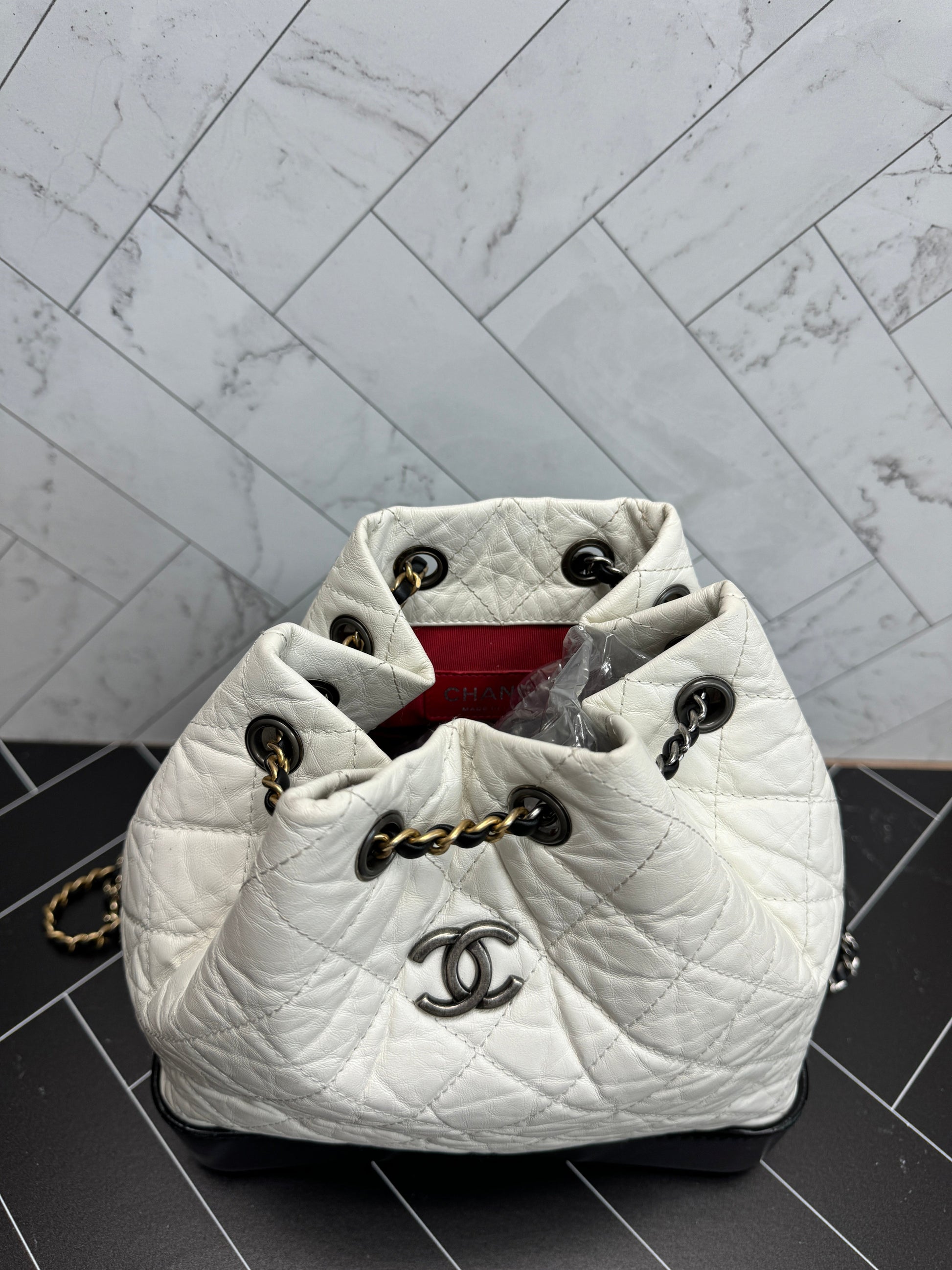 Chanel Gabrielle White Calfskin Leather 2 tone Backpack
