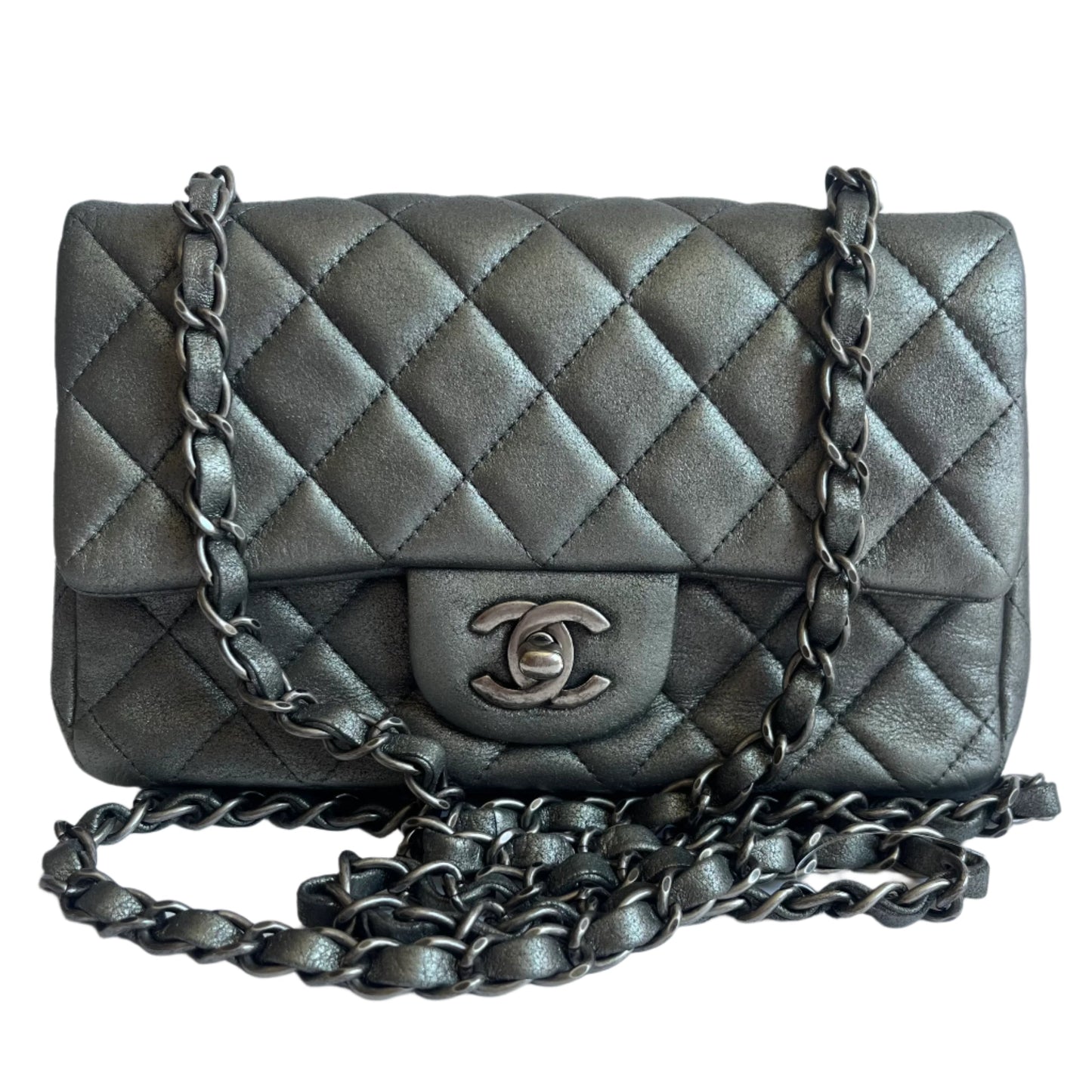 Chanel Classic Flap Rectangular rdware Silver Grey Leather Mini Bag