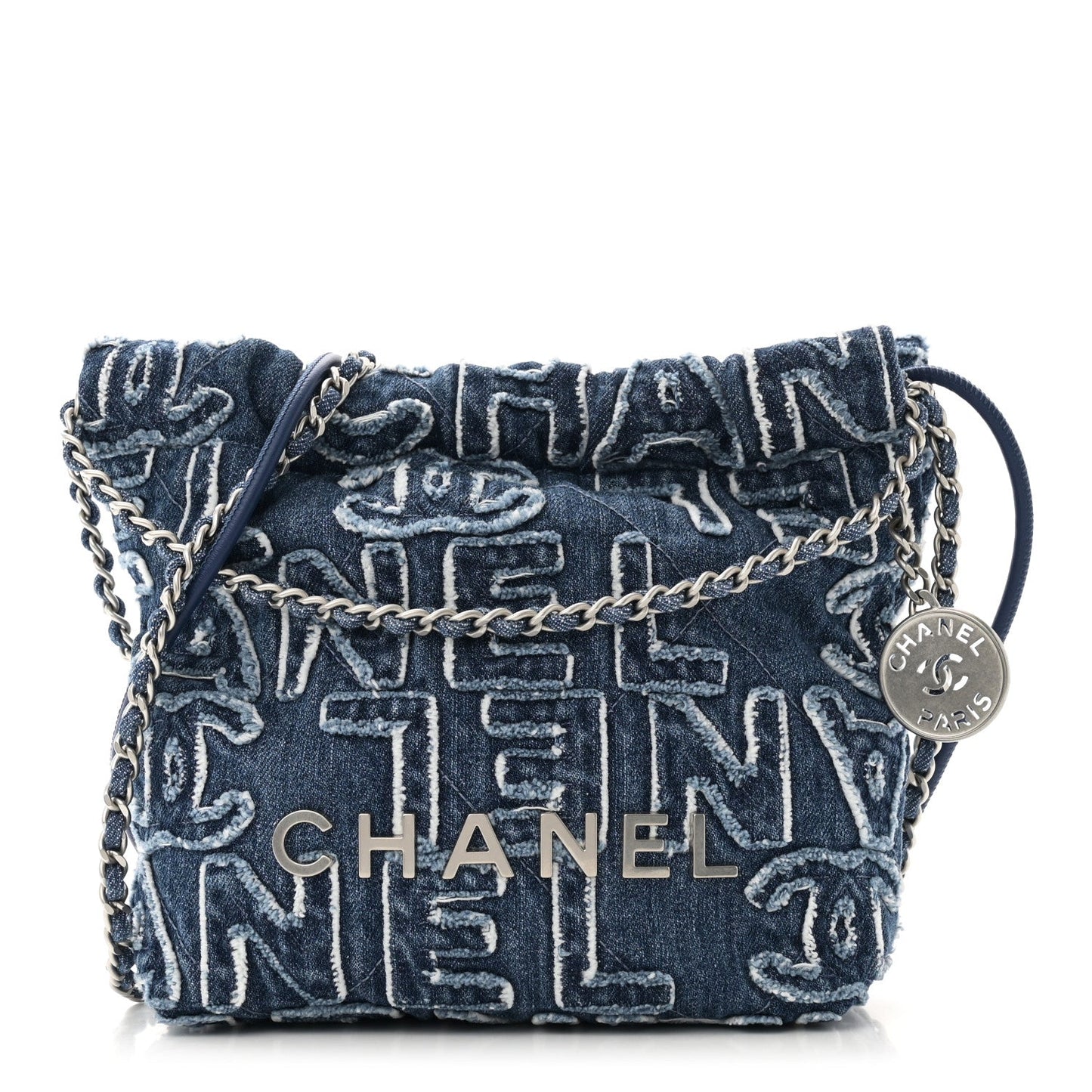 Chanel Washed Denim Logo Embroidered Mini 22 Blue Bag