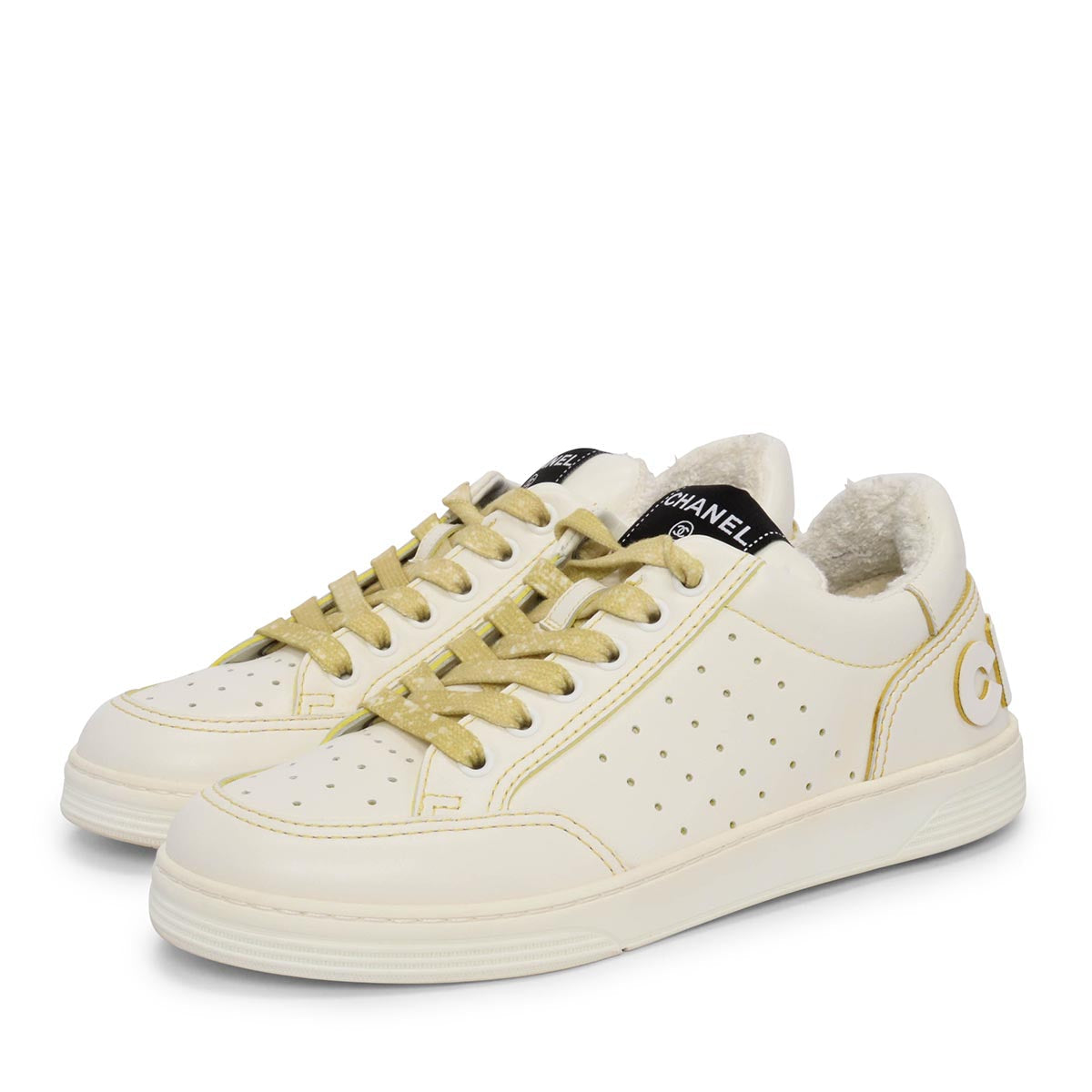 Chanel White & Yellow Calfskin Logo Sneakers 37.5 for Women