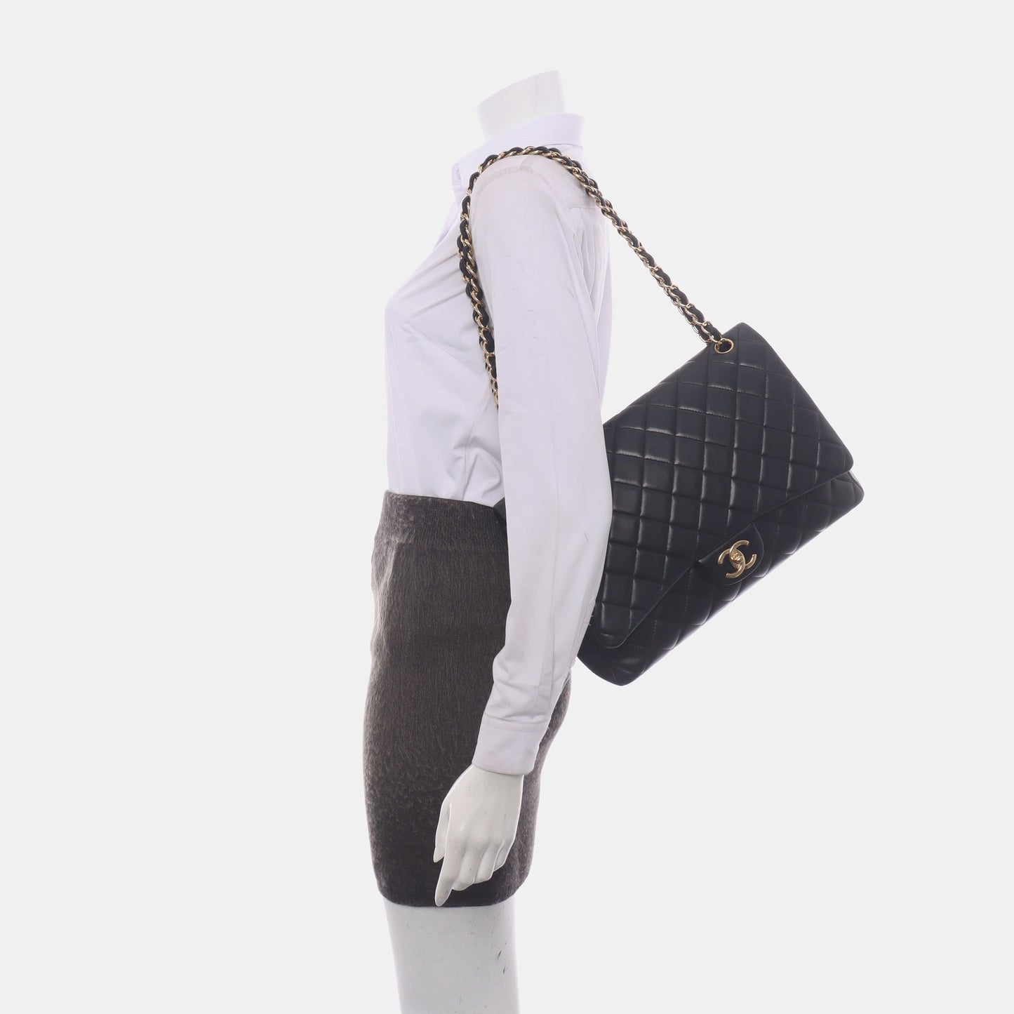 Chanel Classic Flap Maxi Lambskin Double Flap Black Gold Leather Handbag