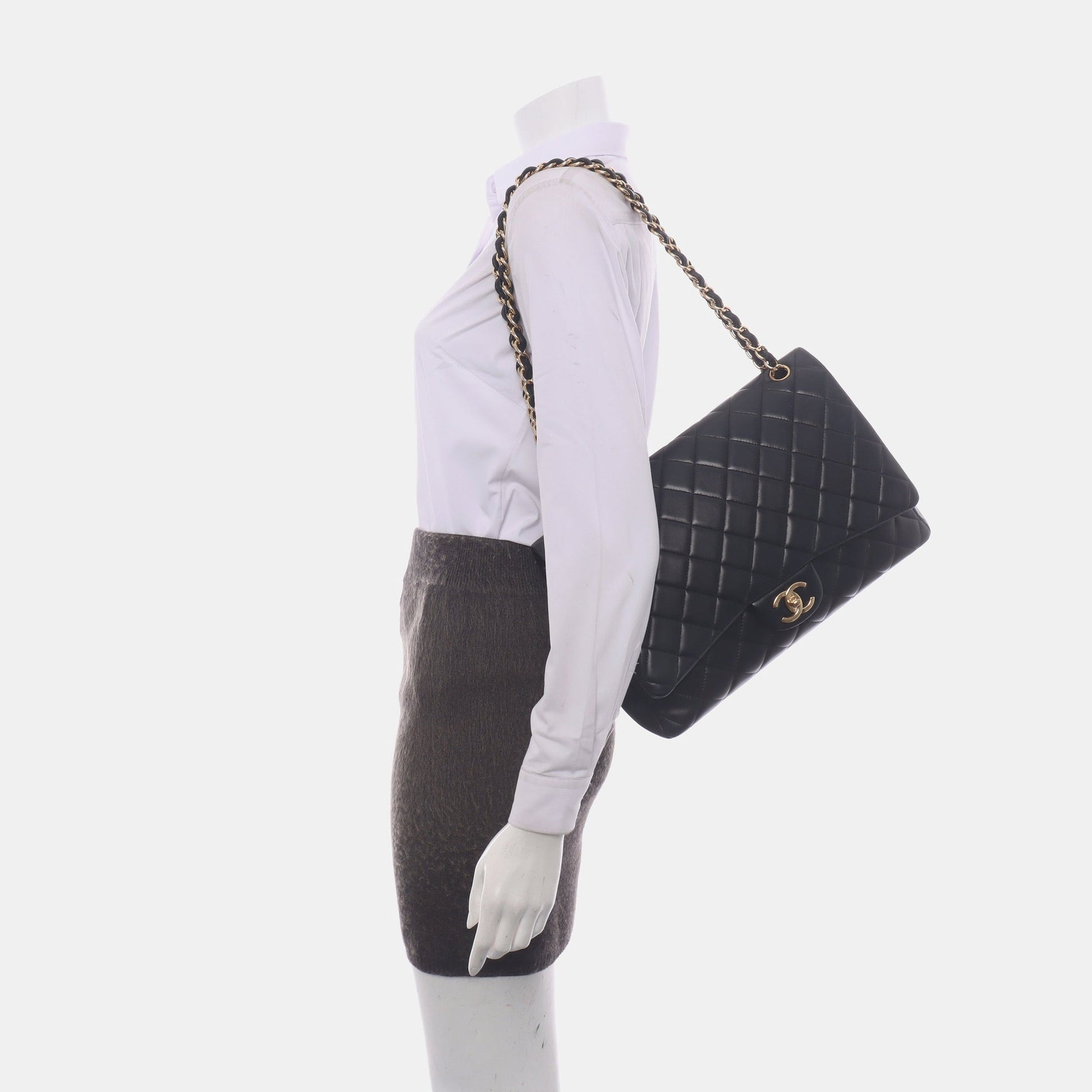 Chanel Classic Flap Maxi Lambskin Double Flap Black Gold Leather Handbag