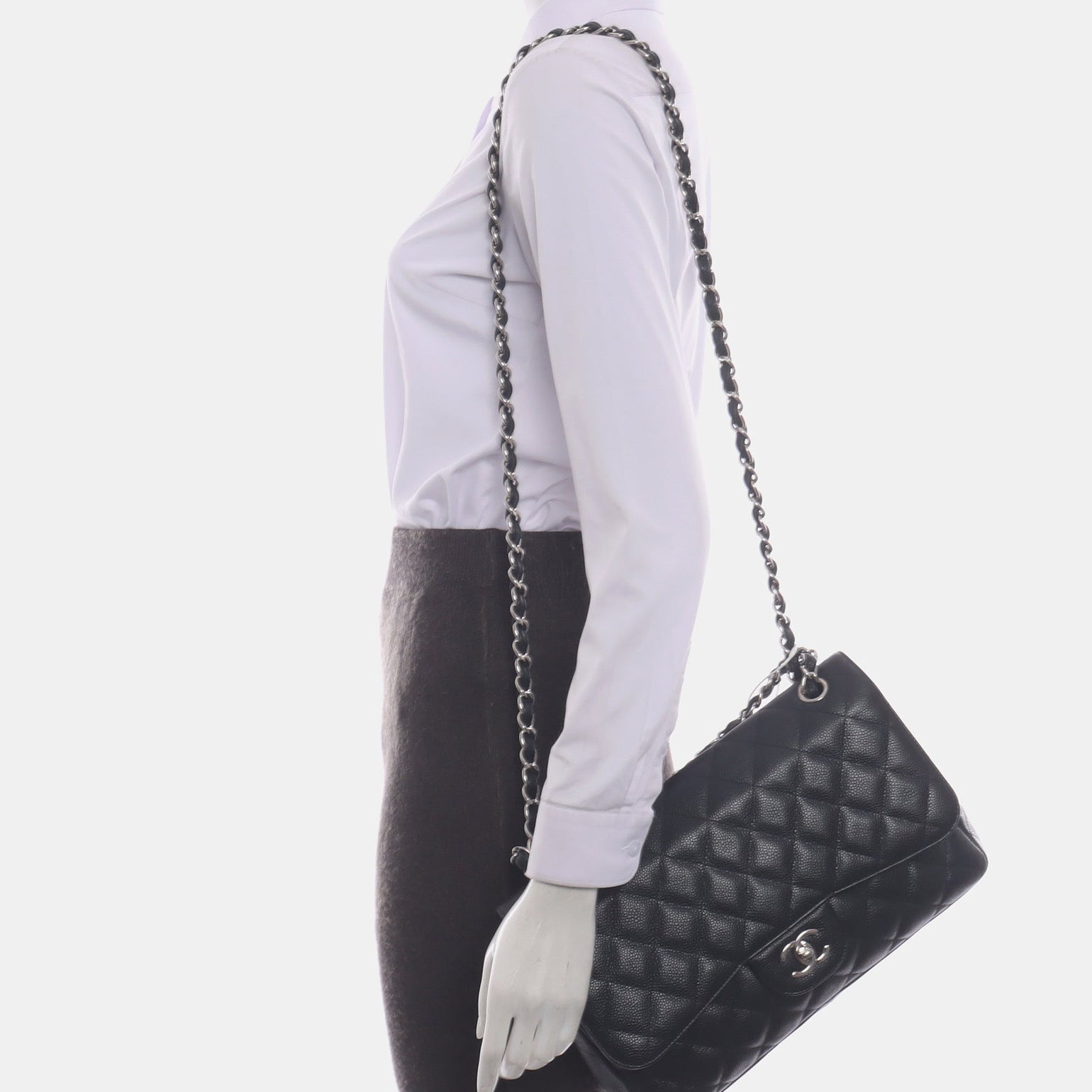 Chanel Classic Flap Jumbo Caviar Double Flap Black Silver Leather Handbag