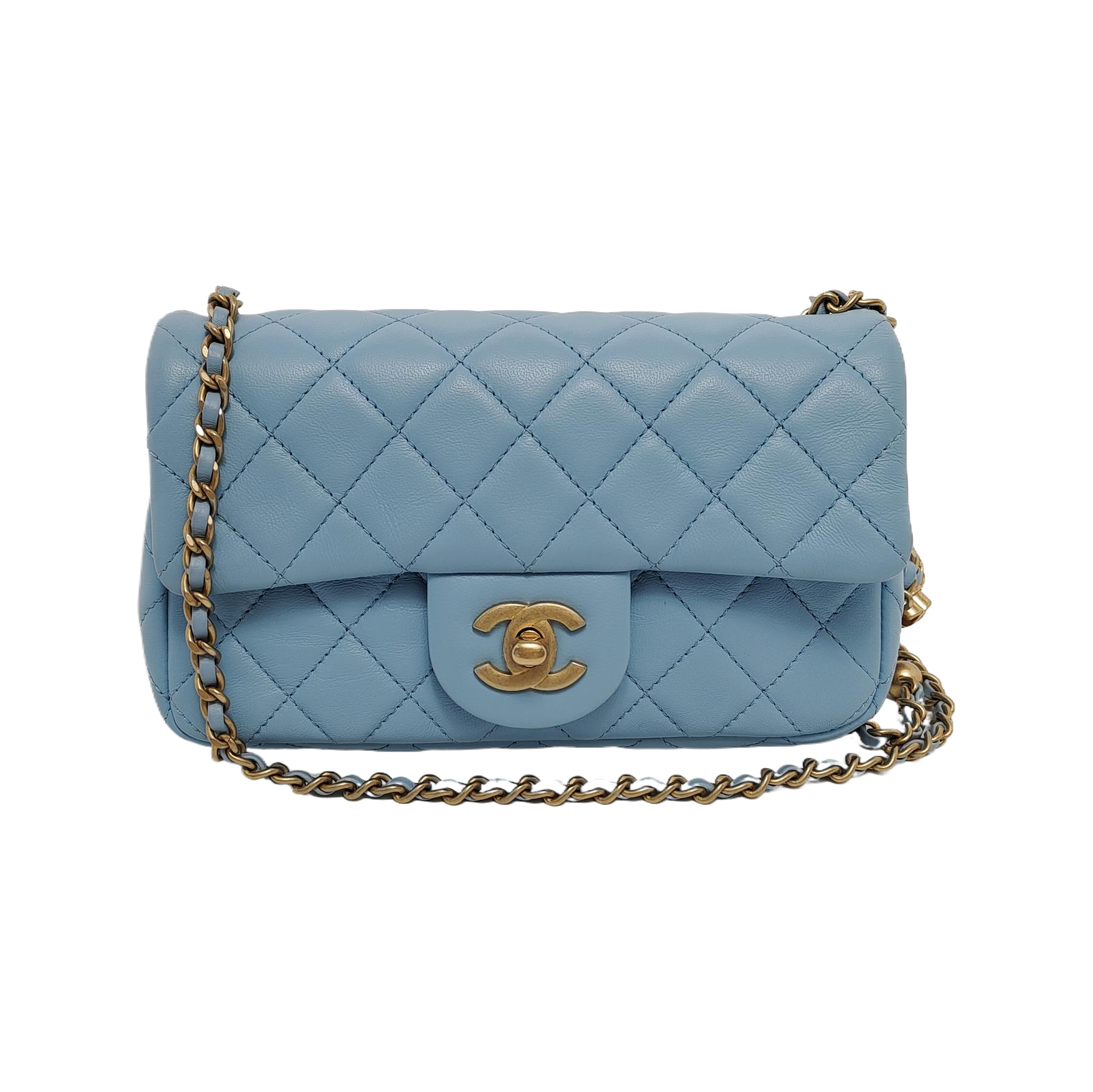 Chanel Classic Flap Baby Lambskin Pearl Crush Blue Gold Mini Bag